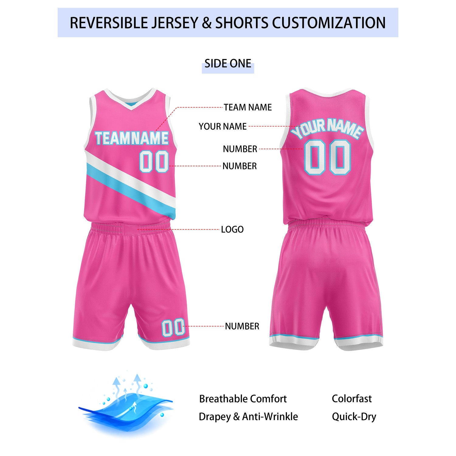 Custom Reversible Pink Turquoise Basketball Uniform Set | Team & Player Name - Vosoli