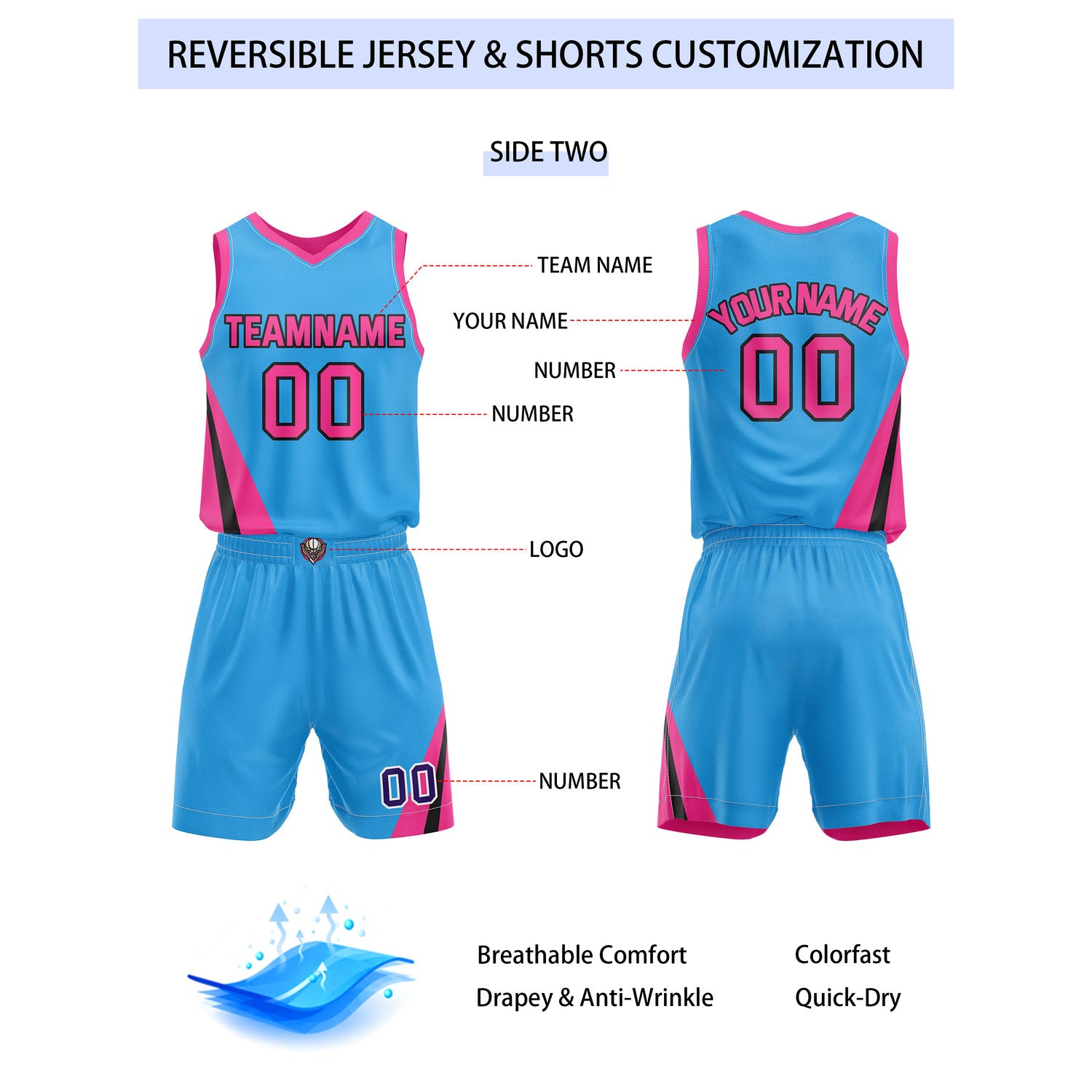 Custom Reversible Pink Turquoise Basketball Uniform Set | Team & Player Name - Vosoli