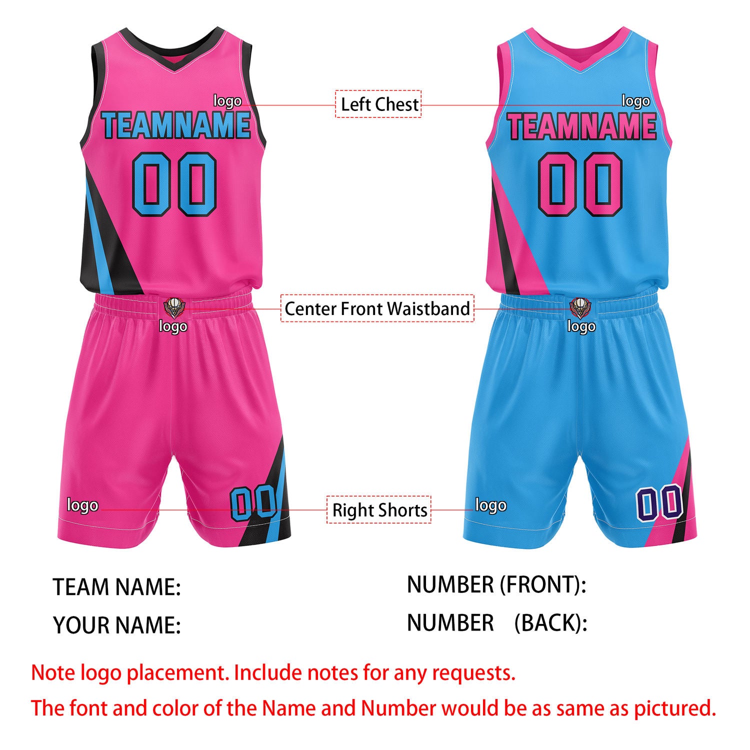 Custom Reversible Pink Turquoise Basketball Uniform Set | Team & Player Name - Vosoli