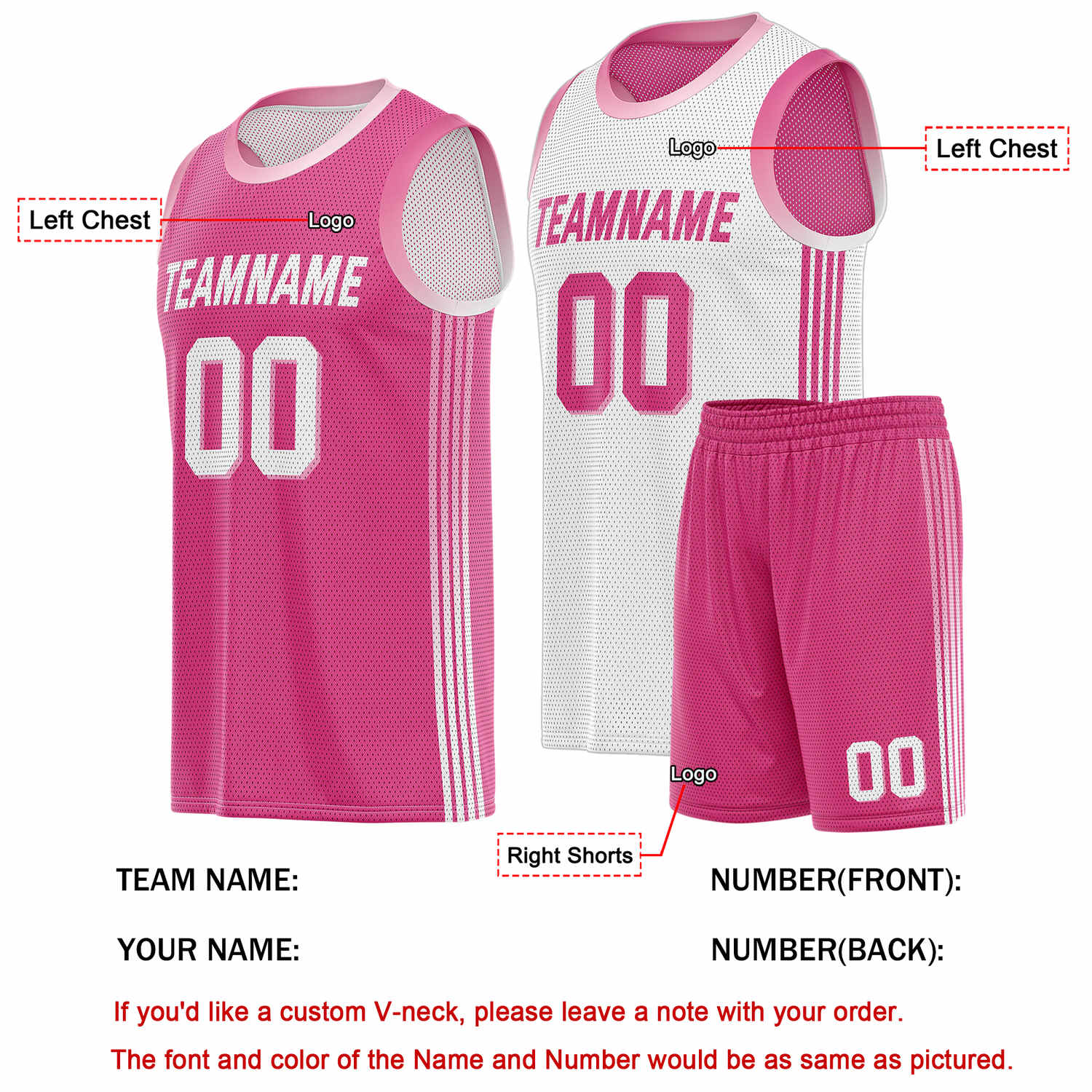 Custom Reversible Pink White Basketball Uniform Set | Team & Player Name - Vosoli