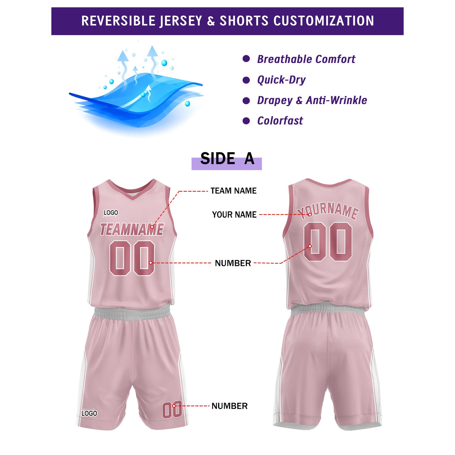 Custom Reversible Pink White Basketball Uniform Set | Personalized Name & Number - Vosoli