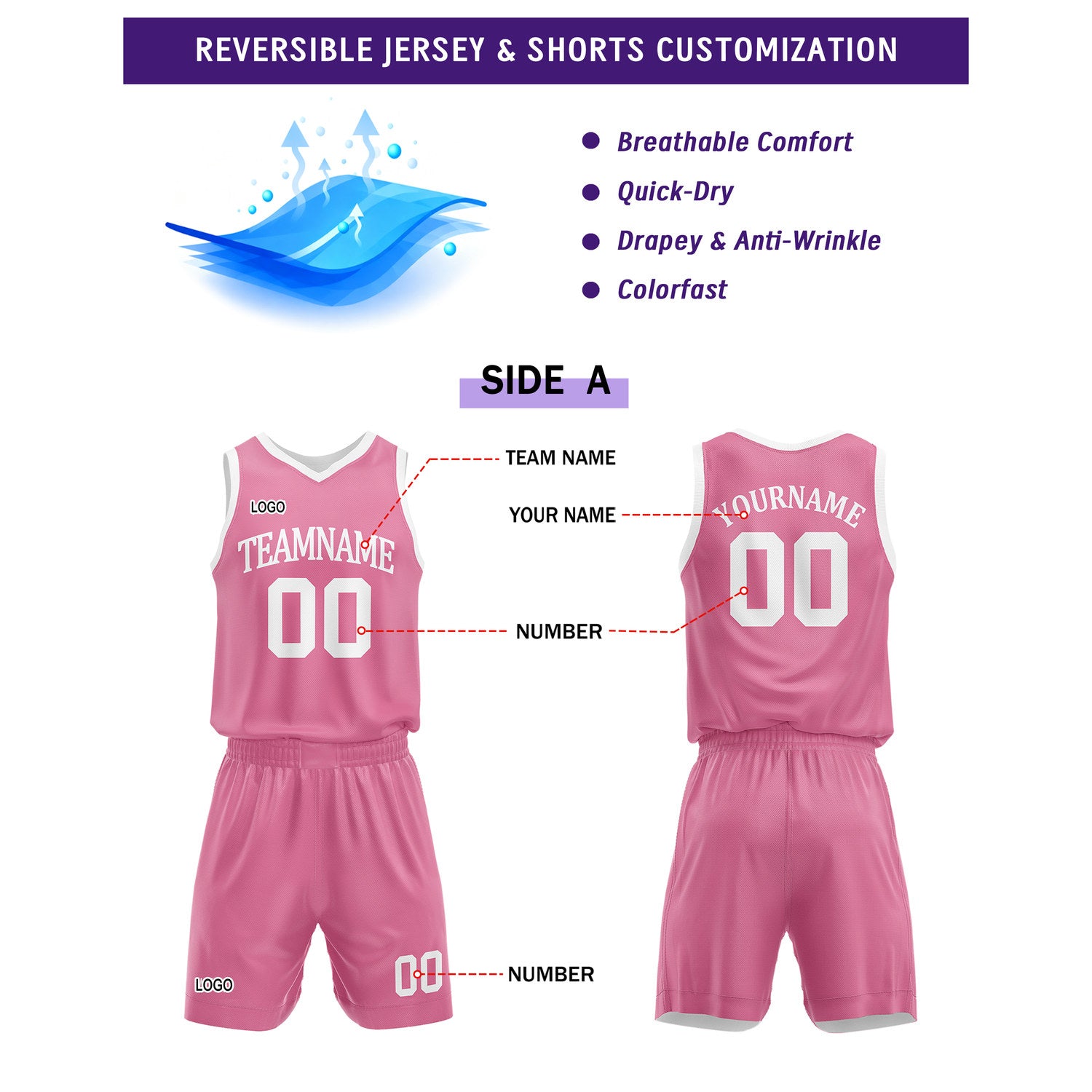 Custom Reversible Pink White Basketball Uniform Set | Team Name & Number - Vosoli