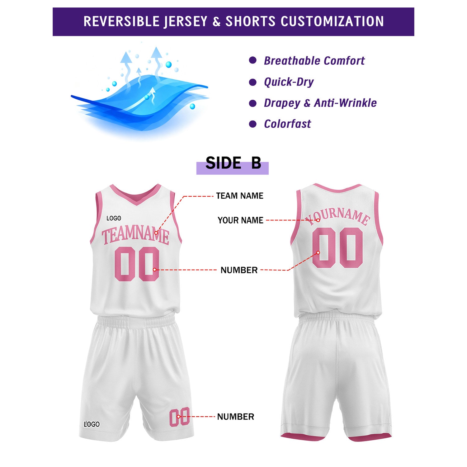 Custom Reversible Pink White Basketball Uniform Set | Team Name & Number - Vosoli