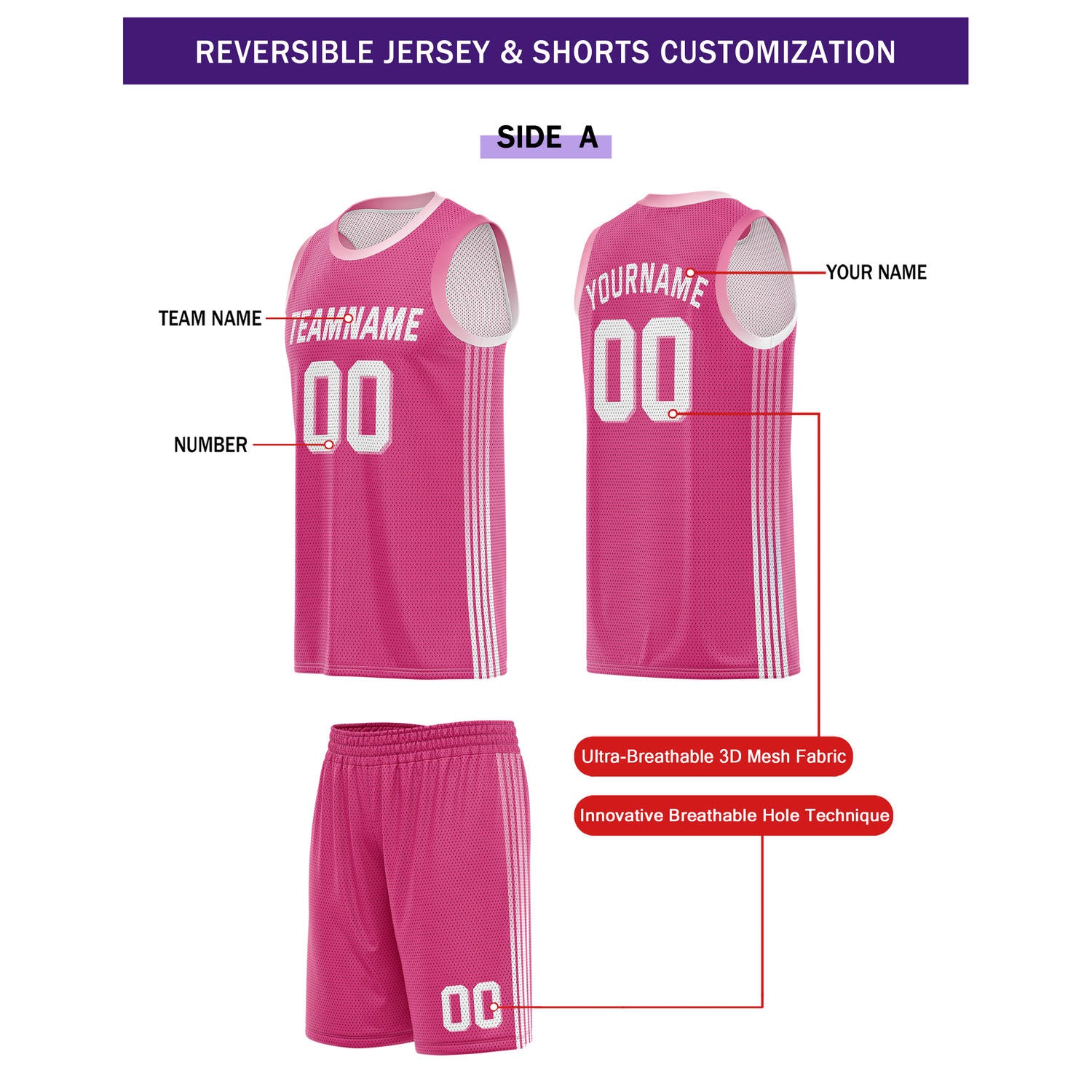 Custom Reversible Pink White Basketball Uniform Set | Team & Player Name - Vosoli