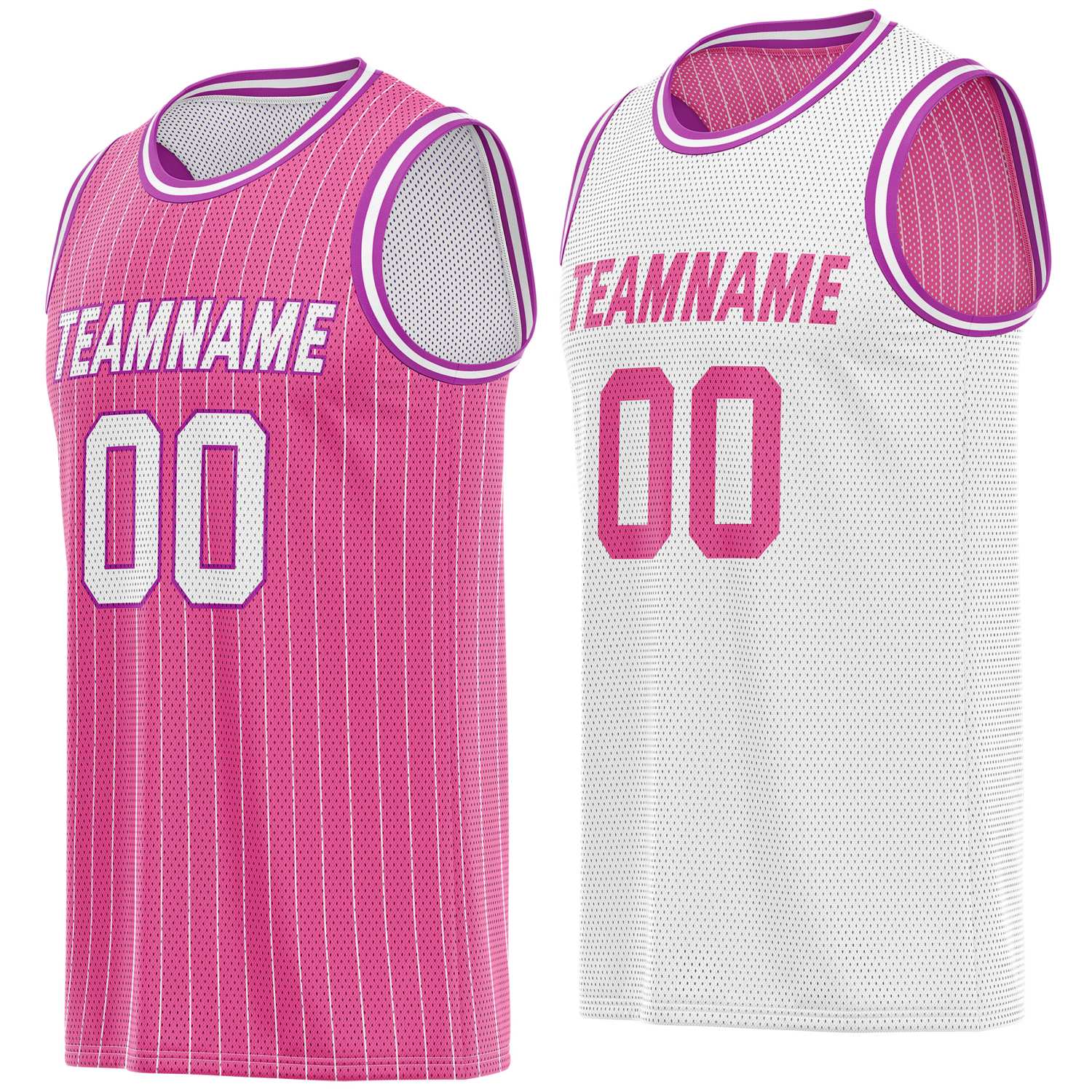 Custom Reversible Pink White Striped Mesh Basketball Jersey | Team & Player Name - Vosoli