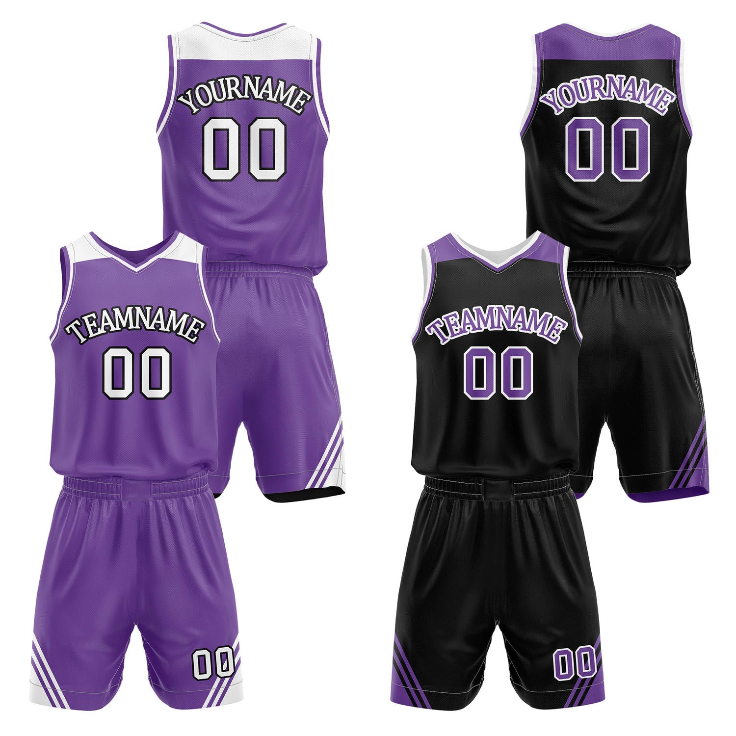Custom reversible purple & black basketball uniform set, personalized with team name number and logo, breathable mesh fabric for men women youth game practice - Vosoli