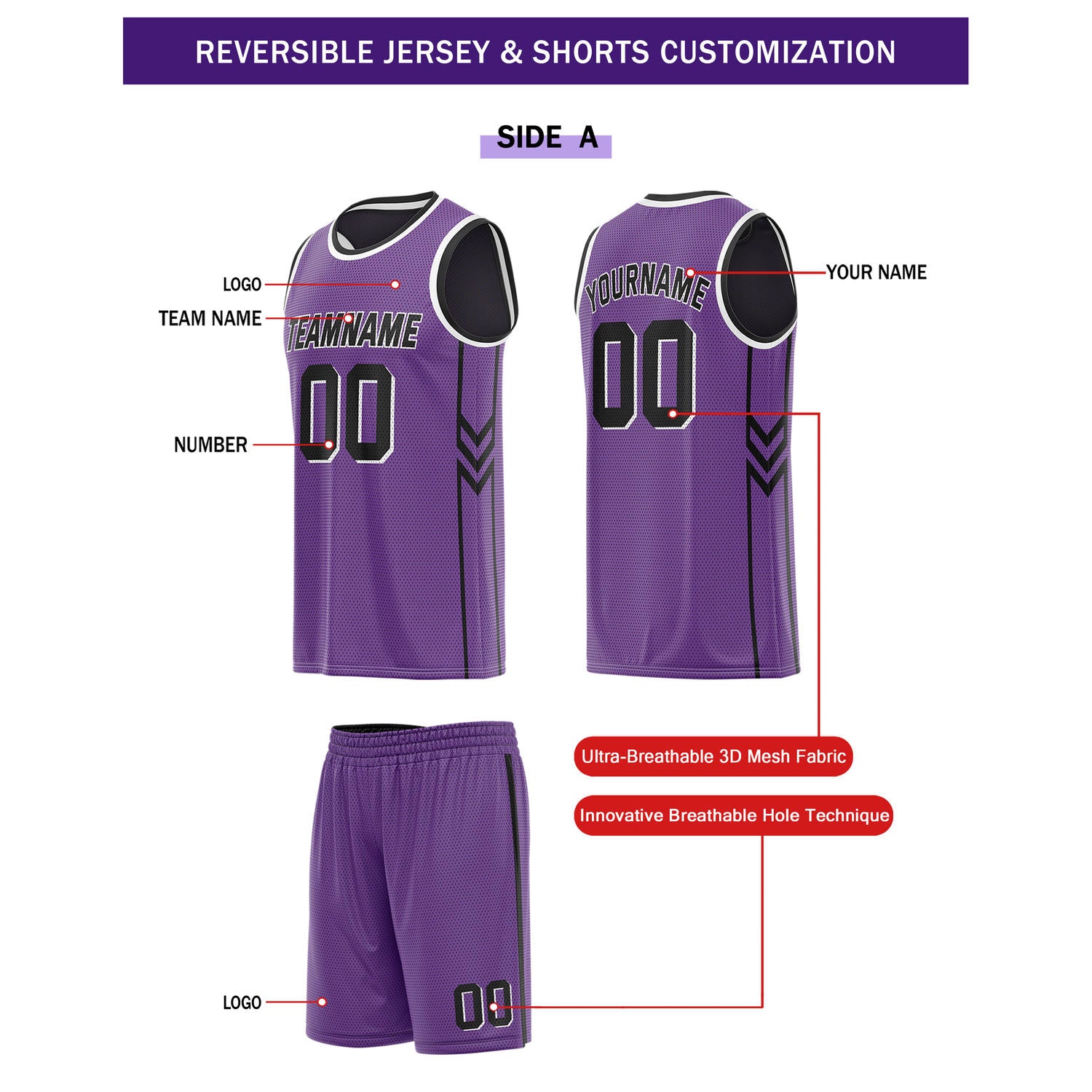 Custom Reversible Purple Black Basketball Uniform Set | Team Name & Number - Vosoli