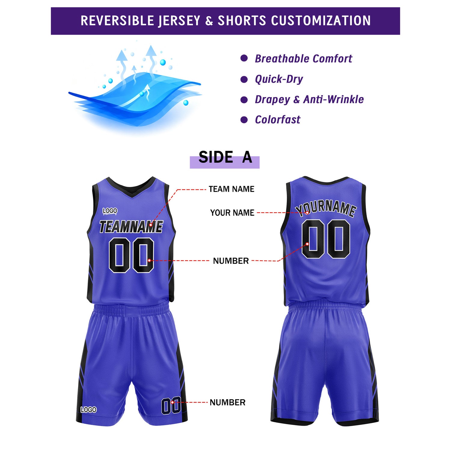 Custom Purple Black Basketball Uniforms for Youth & Adults - Reversible Jersey Set - Vosoli