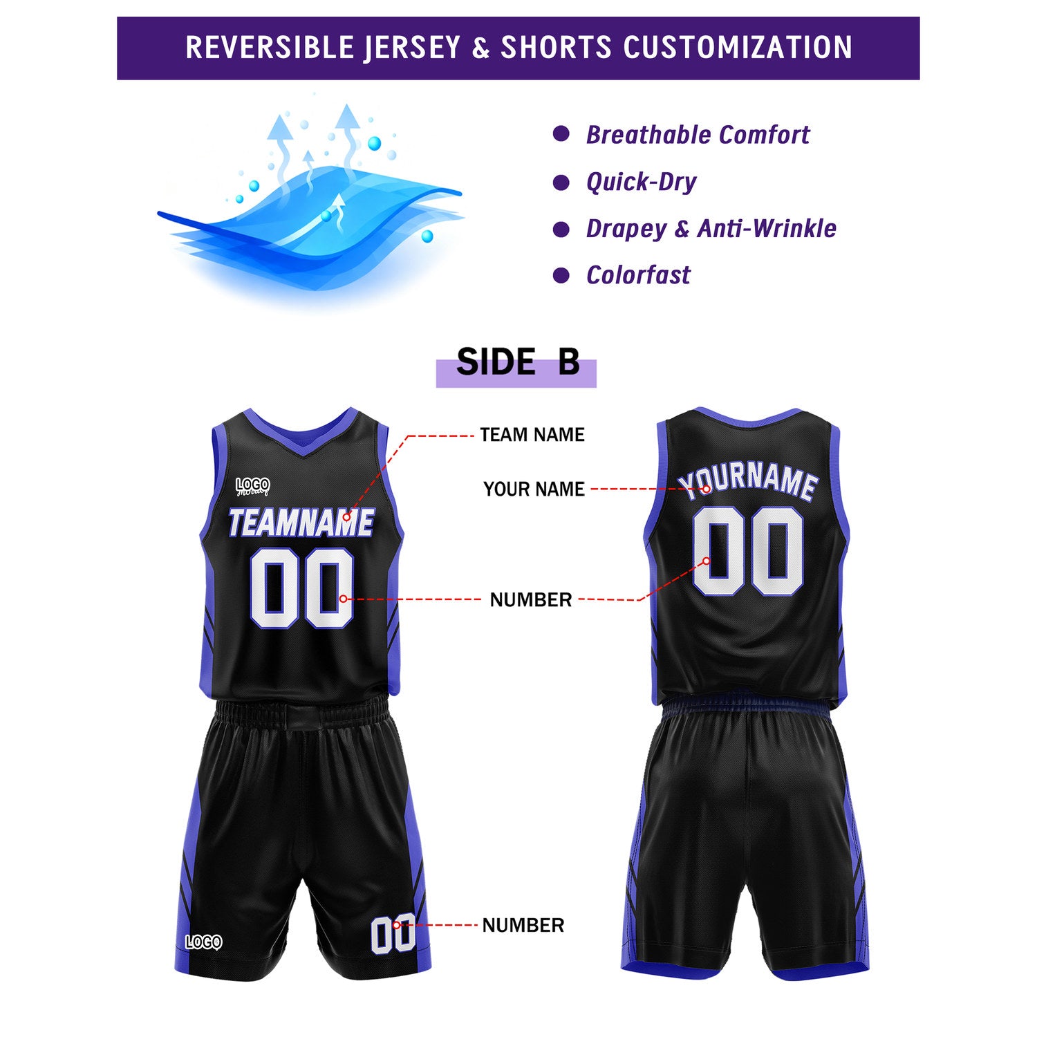 Custom Purple Black Basketball Uniforms for Youth & Adults - Reversible Jersey Set - Vosoli