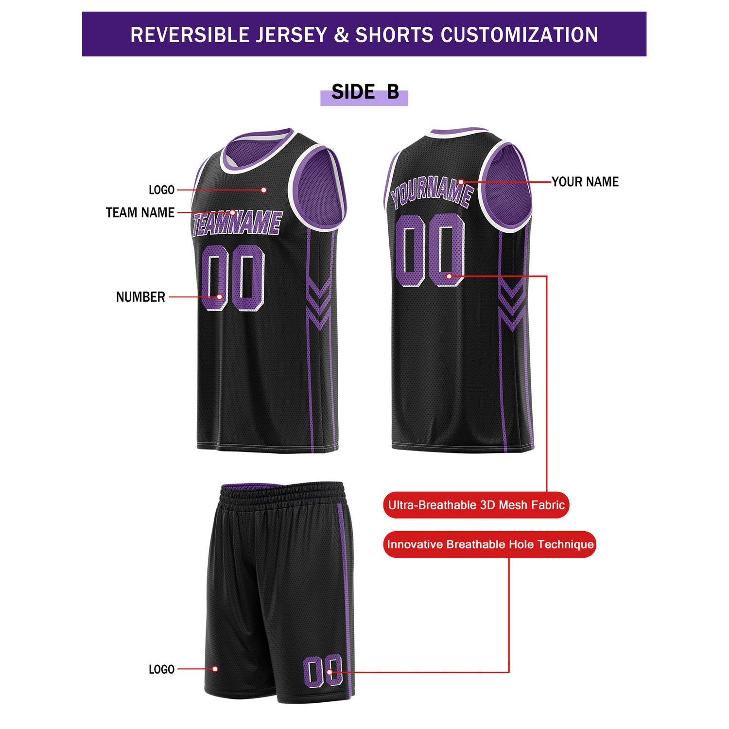 Custom Reversible Purple Black Basketball Uniform Set | Team Name & Number - Vosoli