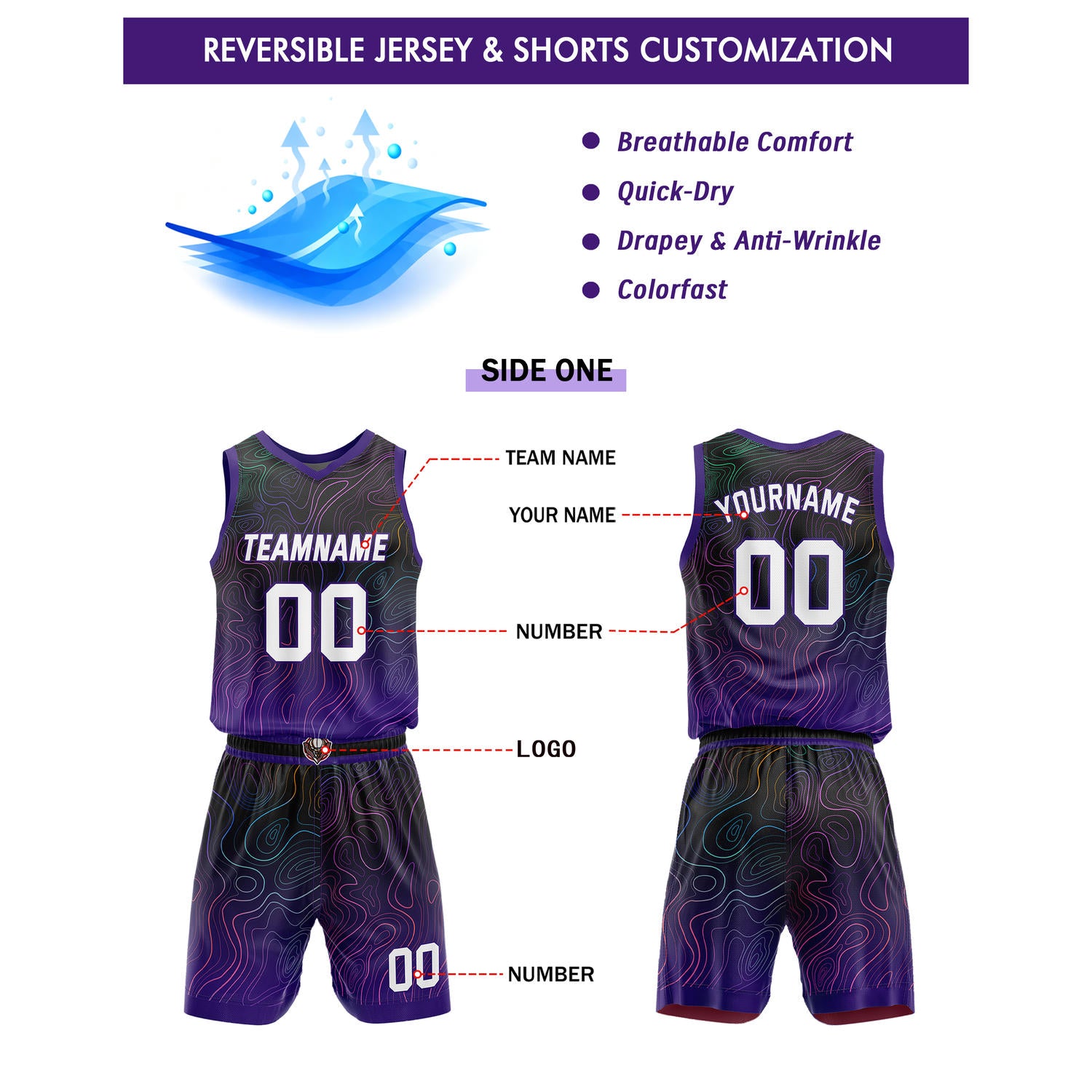Custom Reversible Basketball Jersey + Shorts Set (Purple-Black & Red-Black Colorful Wave) - Personalized Team Name, Number & LOGO | Vosoli