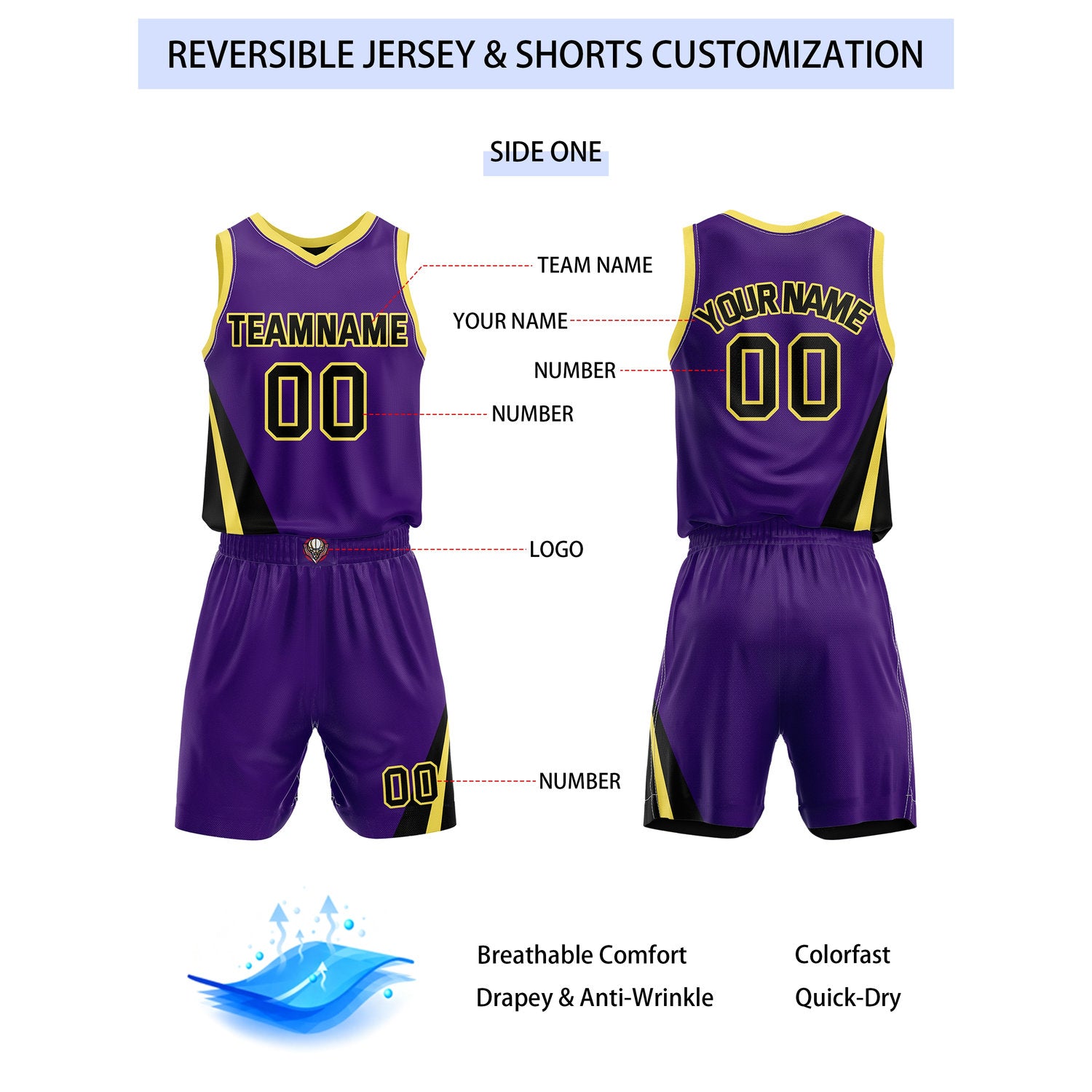Custom Reversible Purple Black Yellow Basketball Uniform Set | Team & Player Name - Vosoli