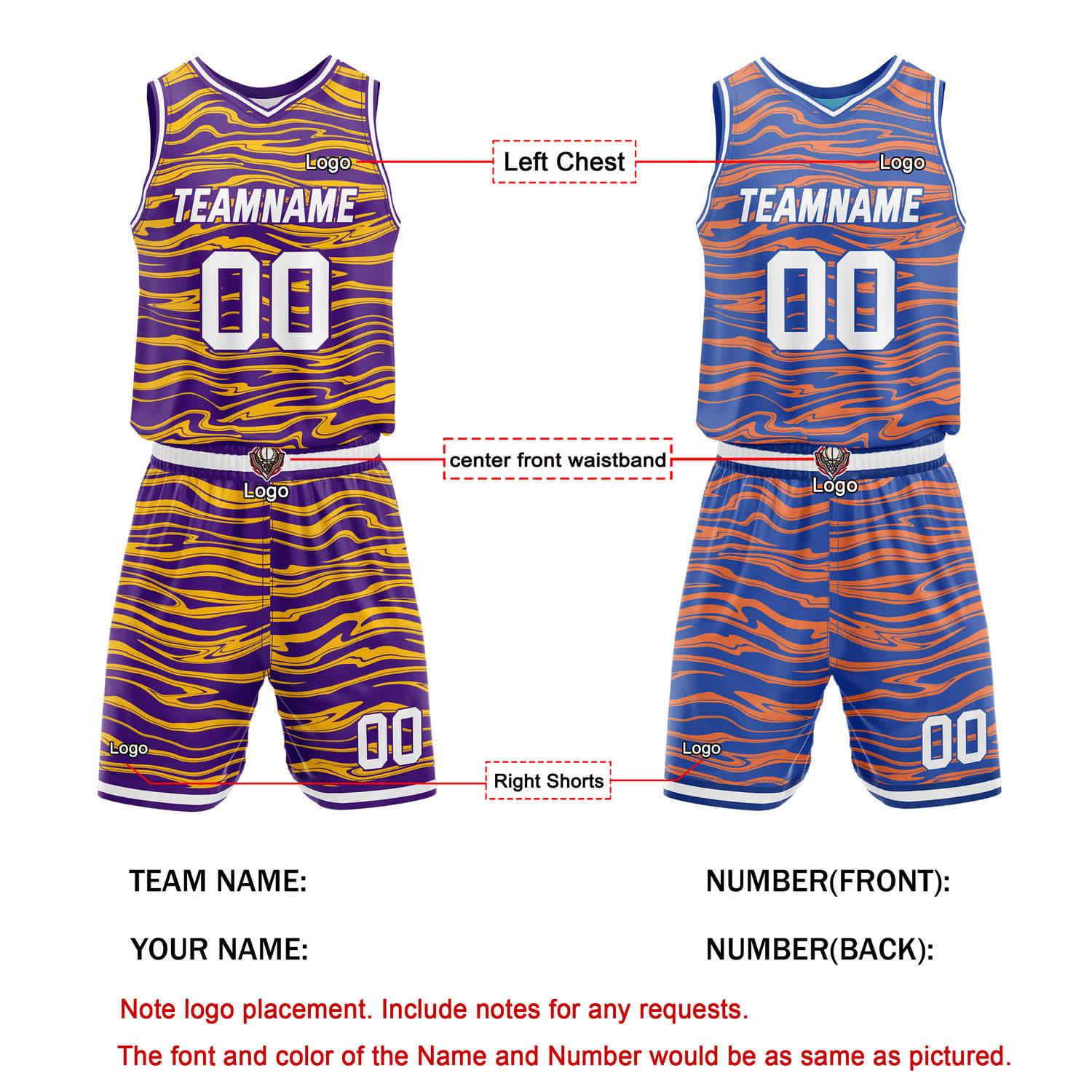 Custom Reversible Purple & Blue Wave Basketball Jersey Set - Personalized Team Name, Number & LOGO | Vosoli