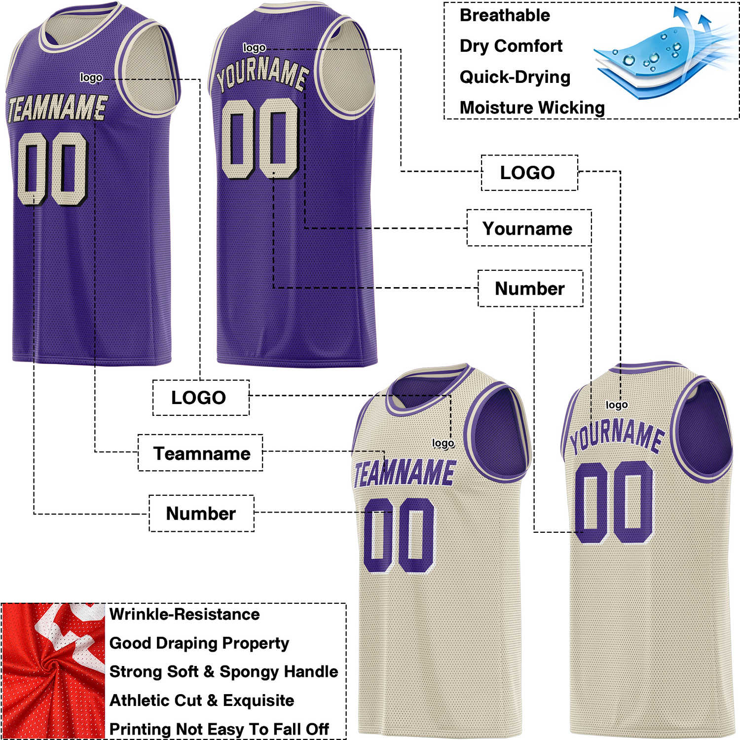 Custom Reversible Purple & Cream Mesh Basketball Jersey | Personalized Team Jersey | Vosoli