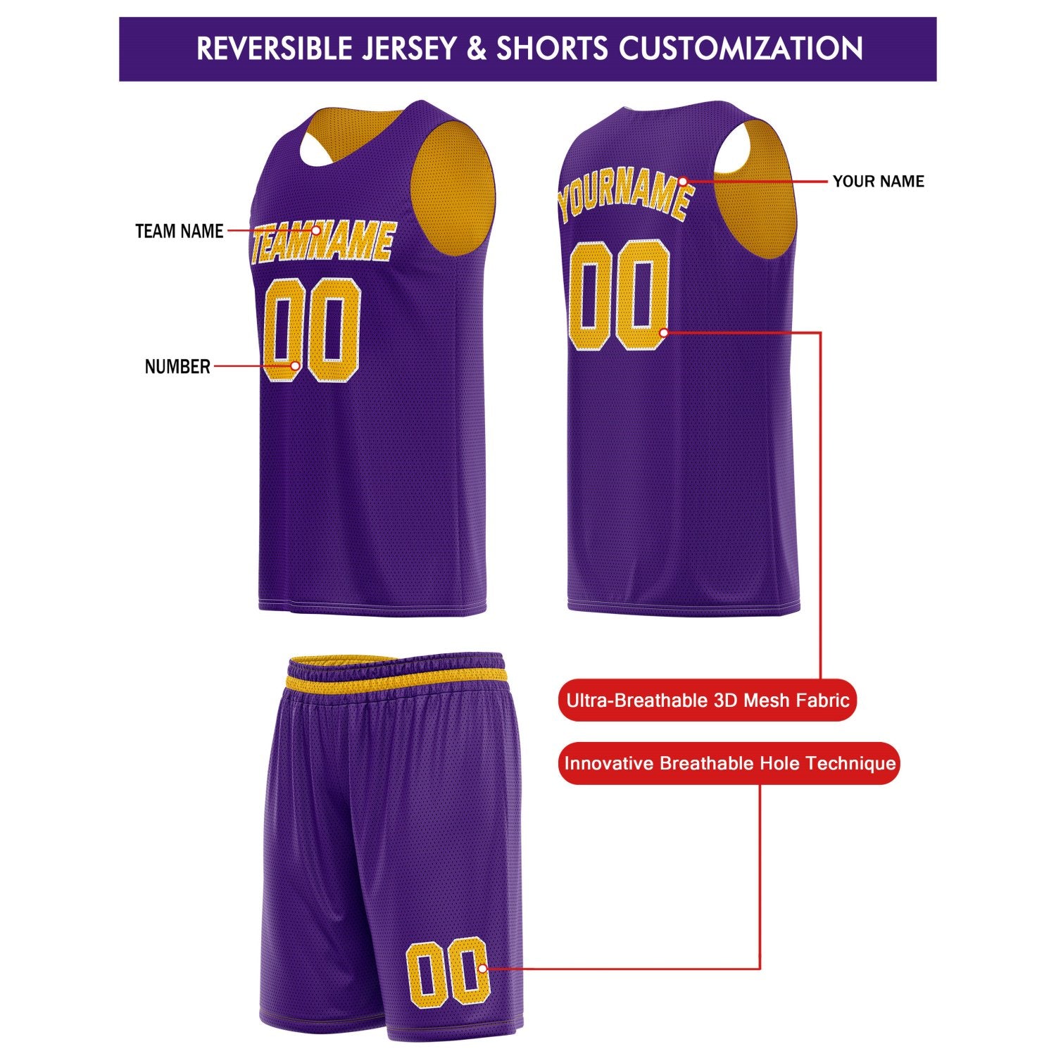 Custom Reversible Purple Gold Basketball Jersey & Shorts Set | Personalized Team Kit | Vosoli