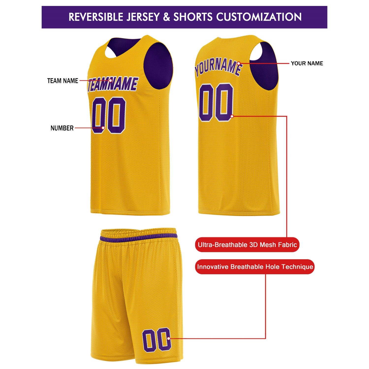 Custom Reversible Purple Gold Basketball Jersey & Shorts Set | Personalized Team Kit | Vosoli