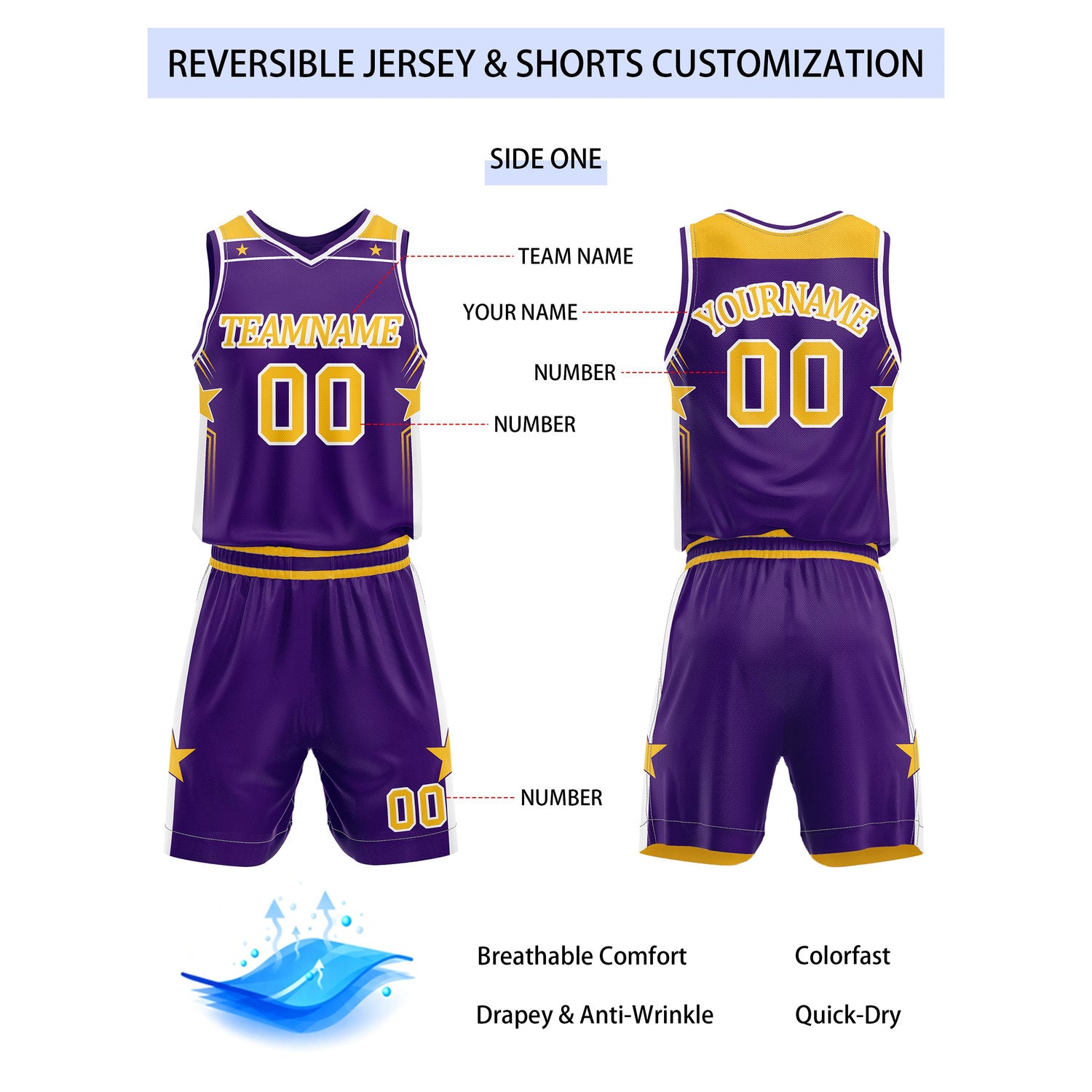 Custom Reversible Purple Gold Star Basketball Uniform Set | Team Name & Number - Vosoli