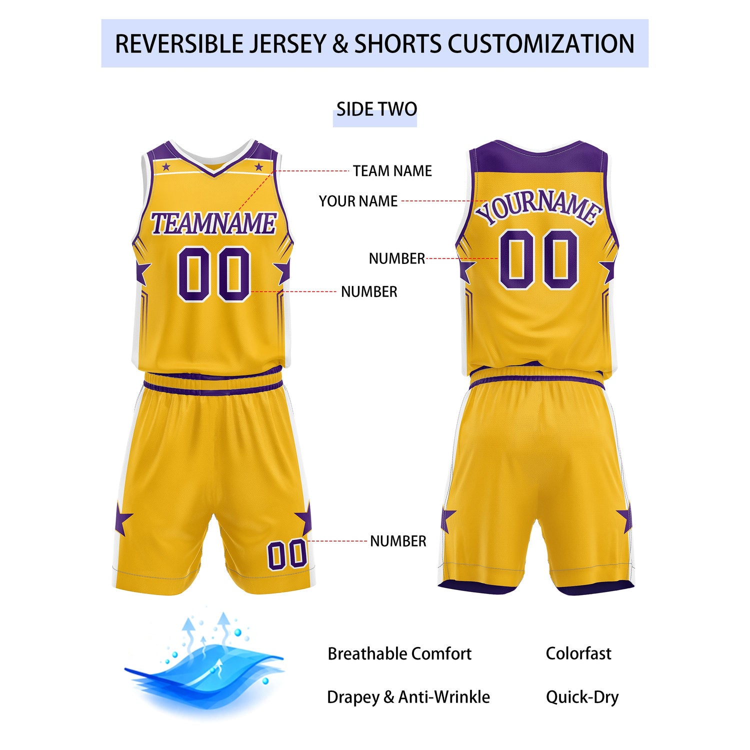 Custom Reversible Purple Gold Star Basketball Uniform Set | Team Name & Number - Vosoli
