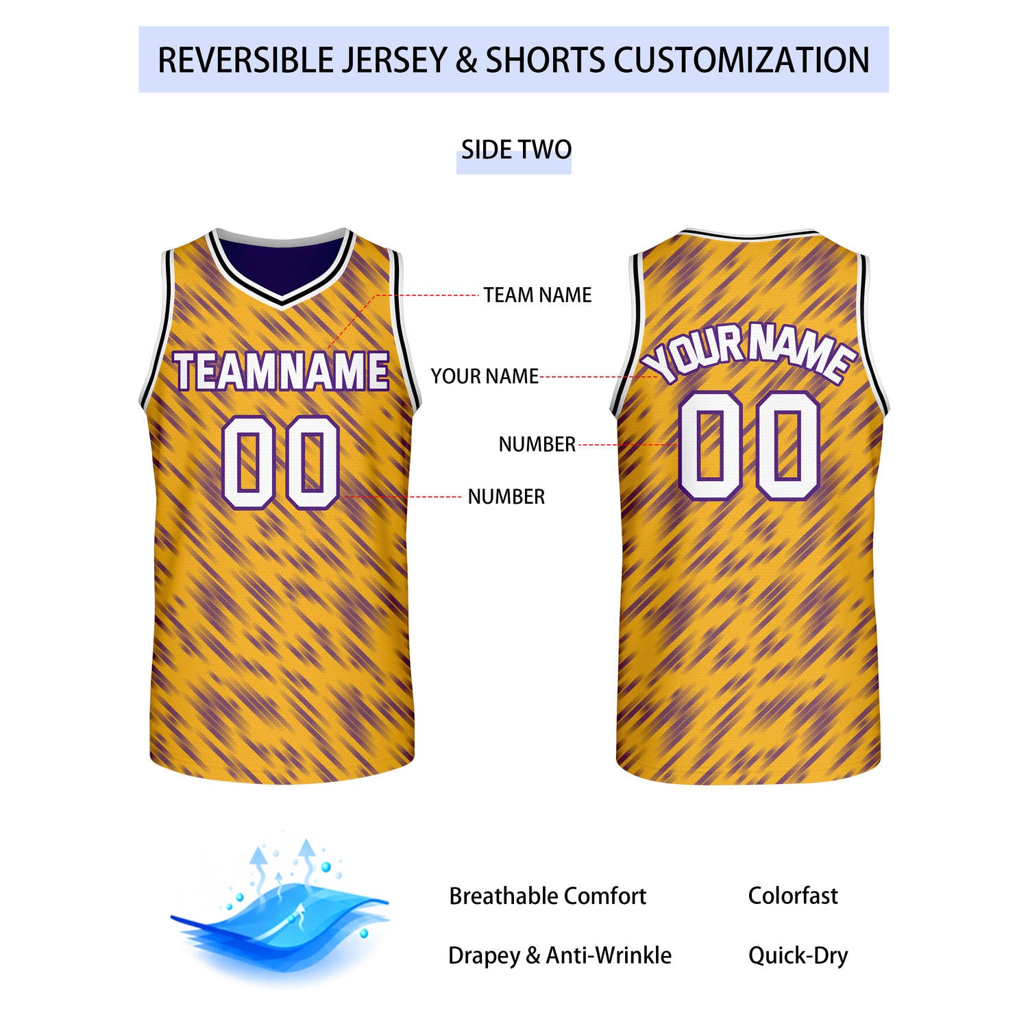 Custom Reversible Purple Gold Stripe Basketball Jersey | Team & Player Name - Vosoli