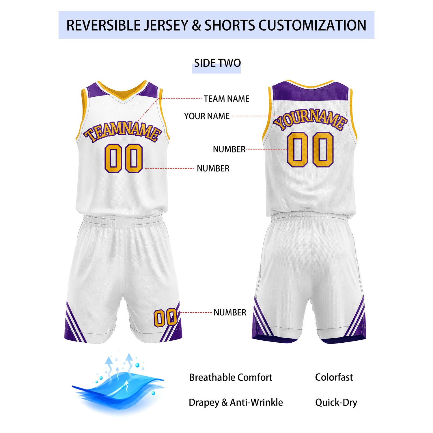 Custom Reversible Purple Gold White Basketball Uniform Set | Team Name & Number - Vosoli