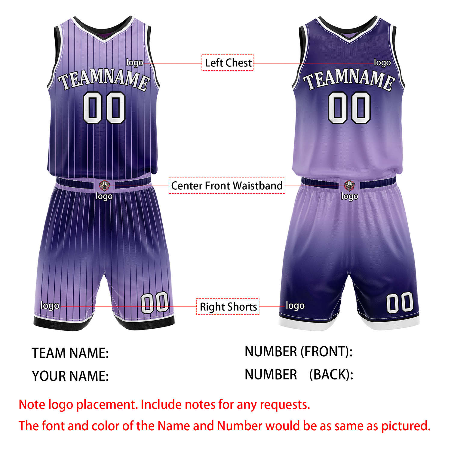 Custom Reversible Deep Purple Light Purple Gradient Striped Basketball Uniform Set | Team & Player Name - Vosoli