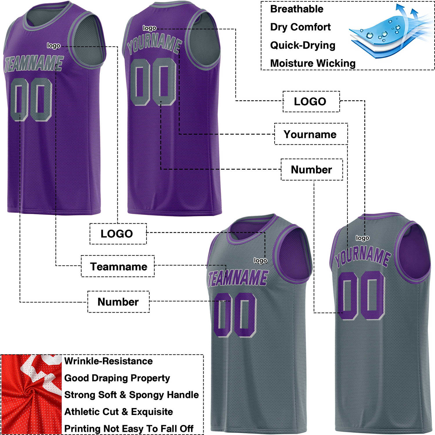 Custom Reversible Purple & Grey Mesh Basketball Jersey | Personalized Team Jersey | Vosoli