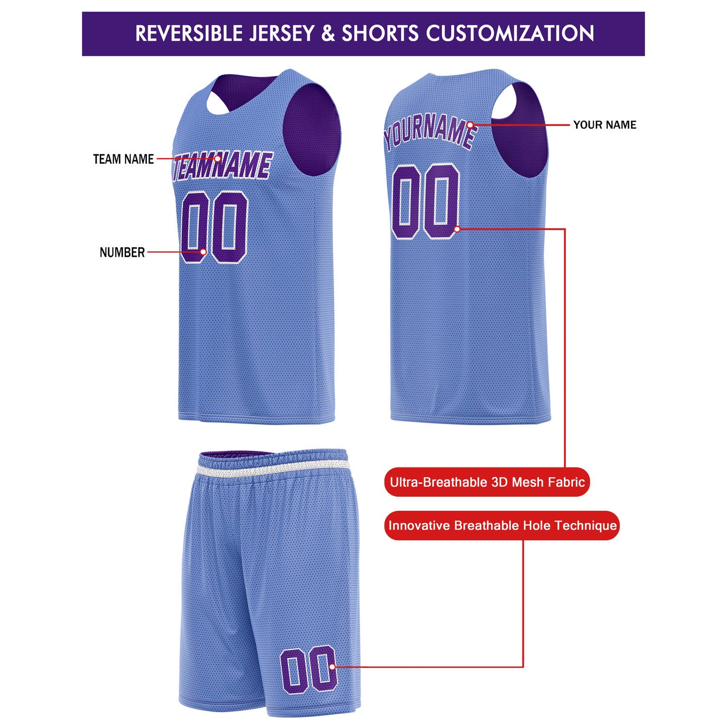 Custom Reversible Purple Light Blue Basketball Jersey & Shorts Set | Personalized Team Kit | Vosoli