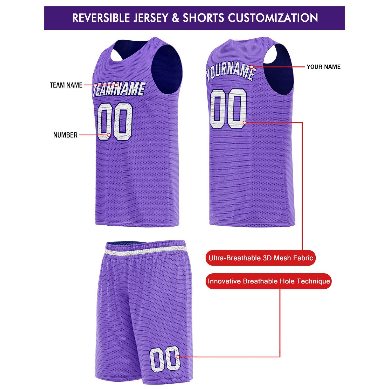 Custom Reversible Purple Navy Basketball Jersey & Shorts Set | Personalized Team Kit | Vosoli
