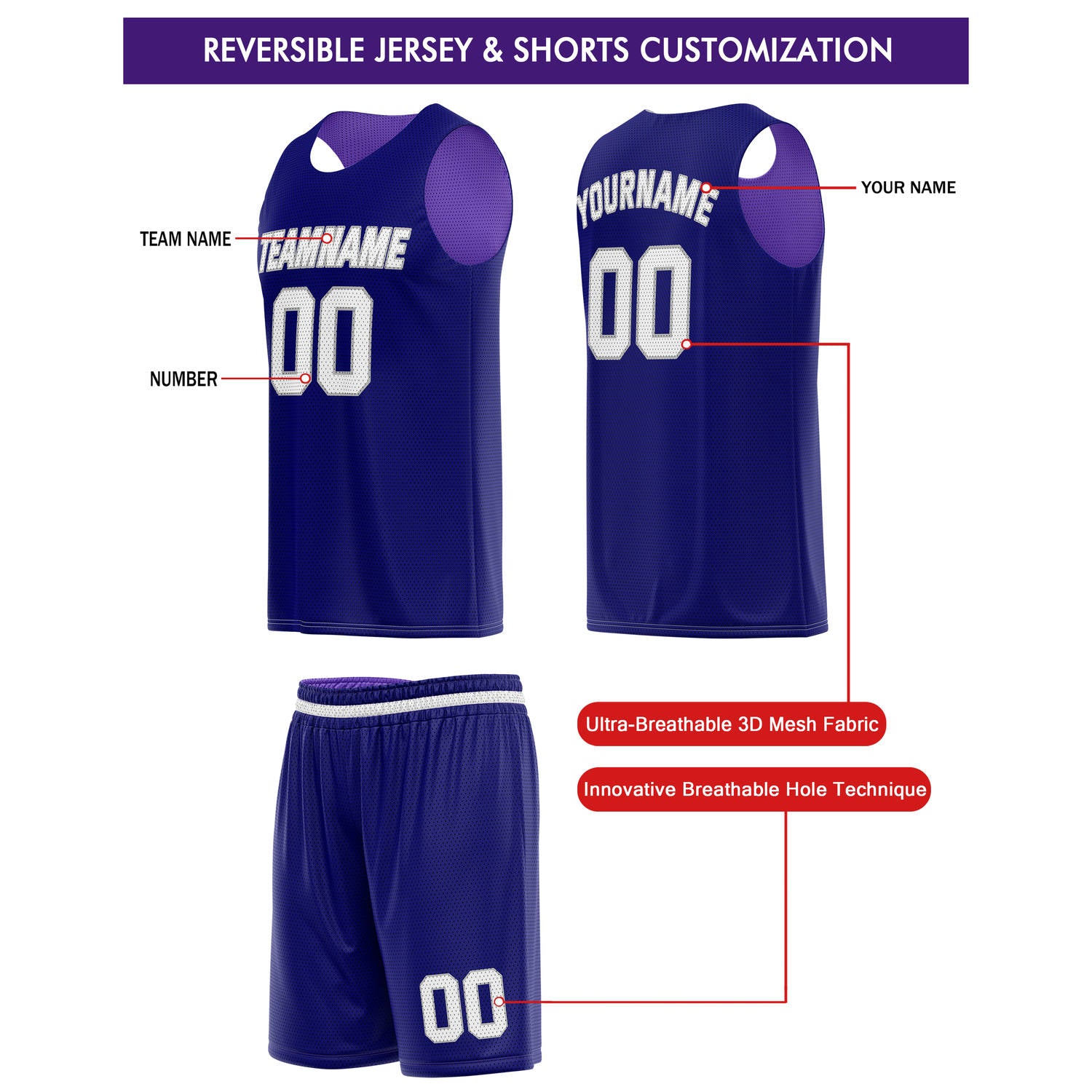 Custom Reversible Purple Navy Basketball Jersey & Shorts Set | Personalized Team Kit | Vosoli