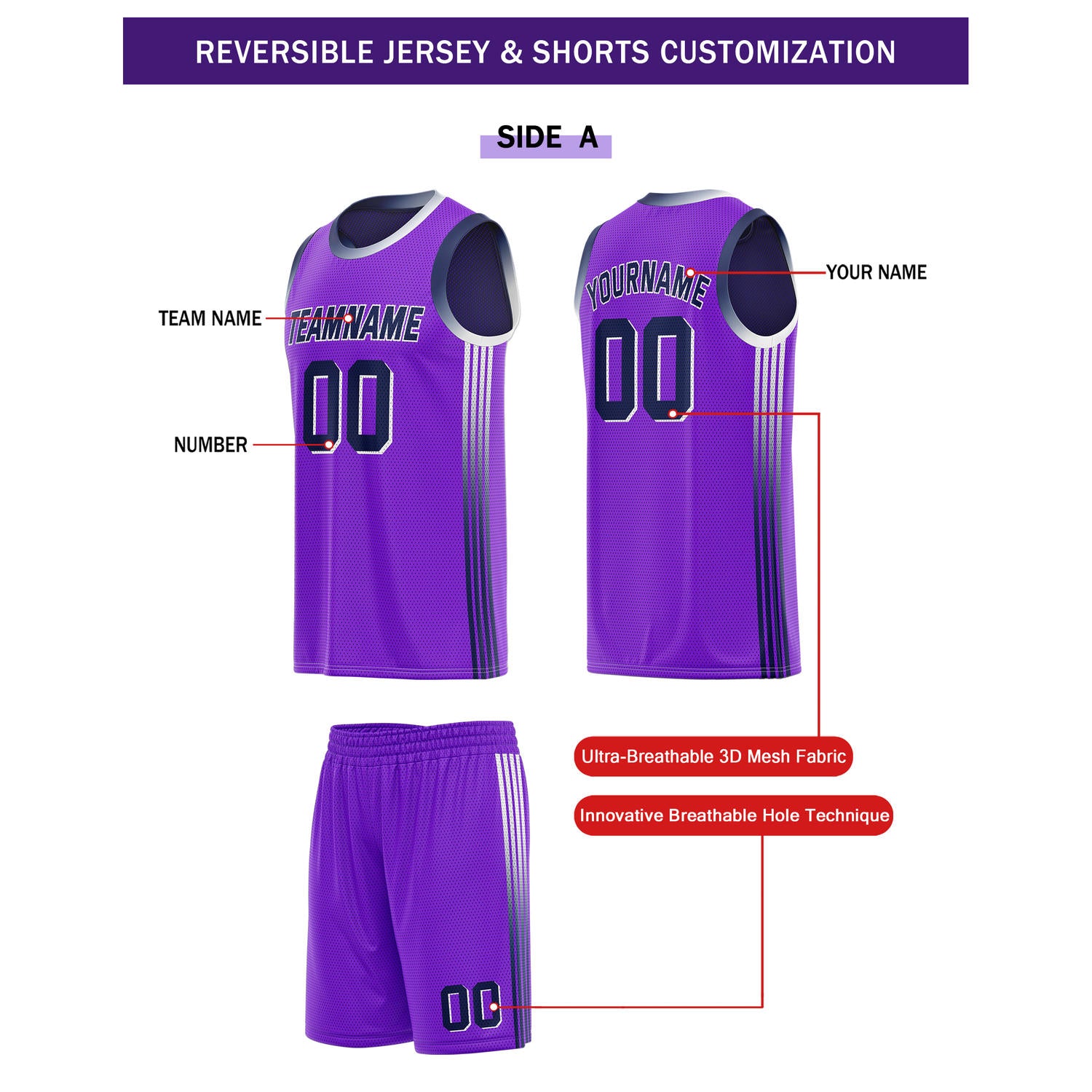 Custom Reversible Purple Navy Basketball Uniform Set | Team & Player Name - Vosoli