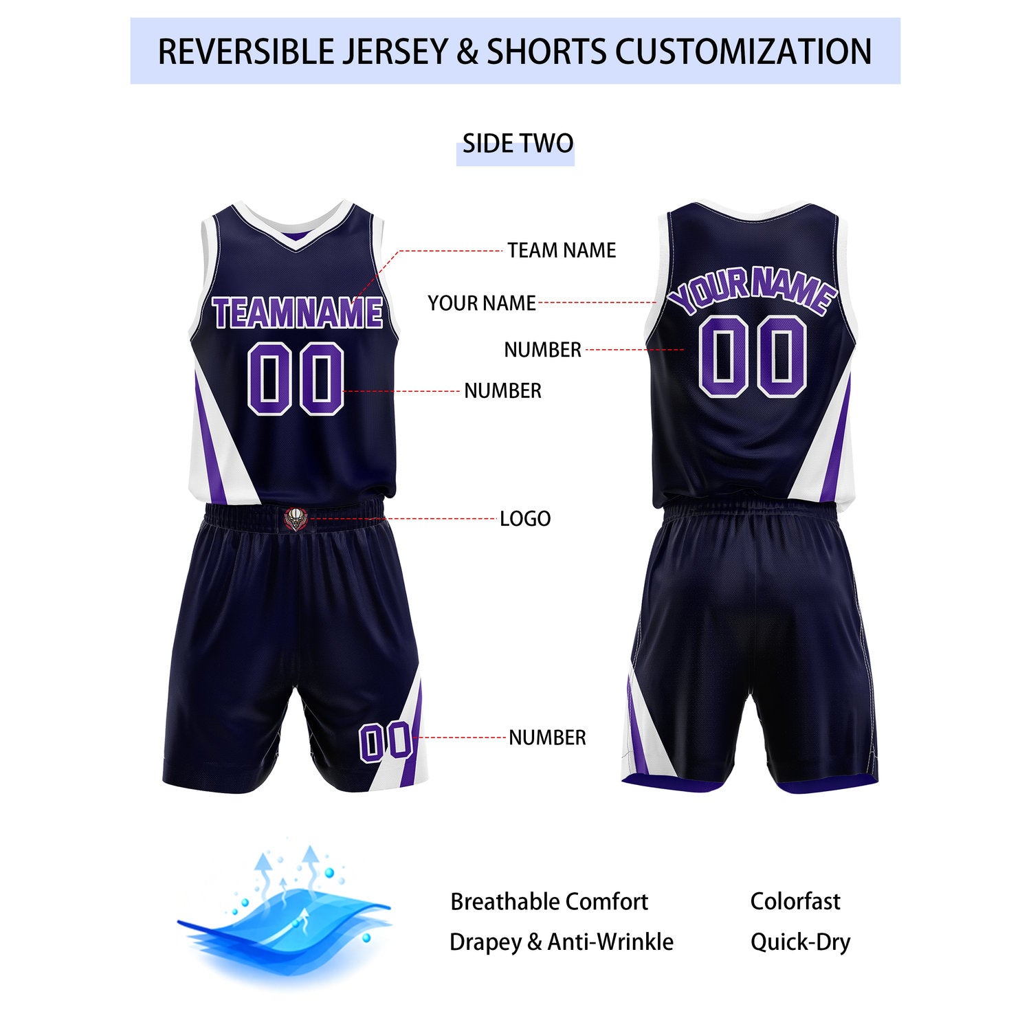 Custom Reversible Purple Navy Basketball Uniform Set | Team & Player Name - Vosoli