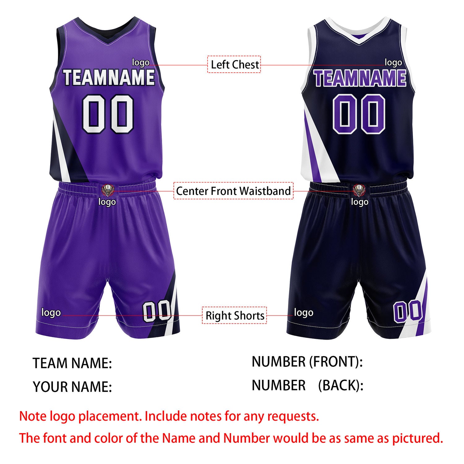 Custom Reversible Purple Navy Basketball Uniform Set | Team & Player Name - Vosoli