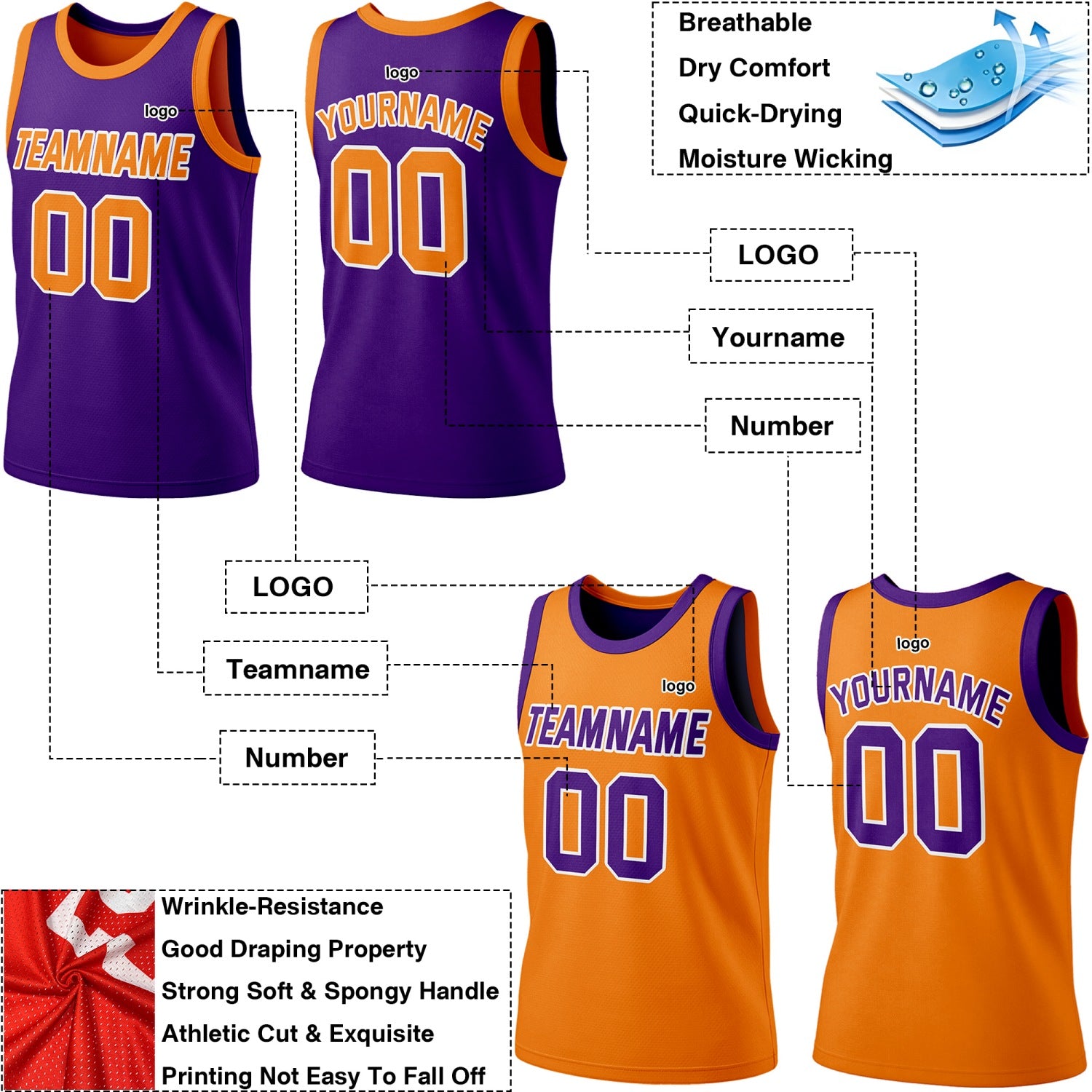 Custom Reversible Purple & Orange Basketball Jersey | Personalized Team Jersey | Vosoli
