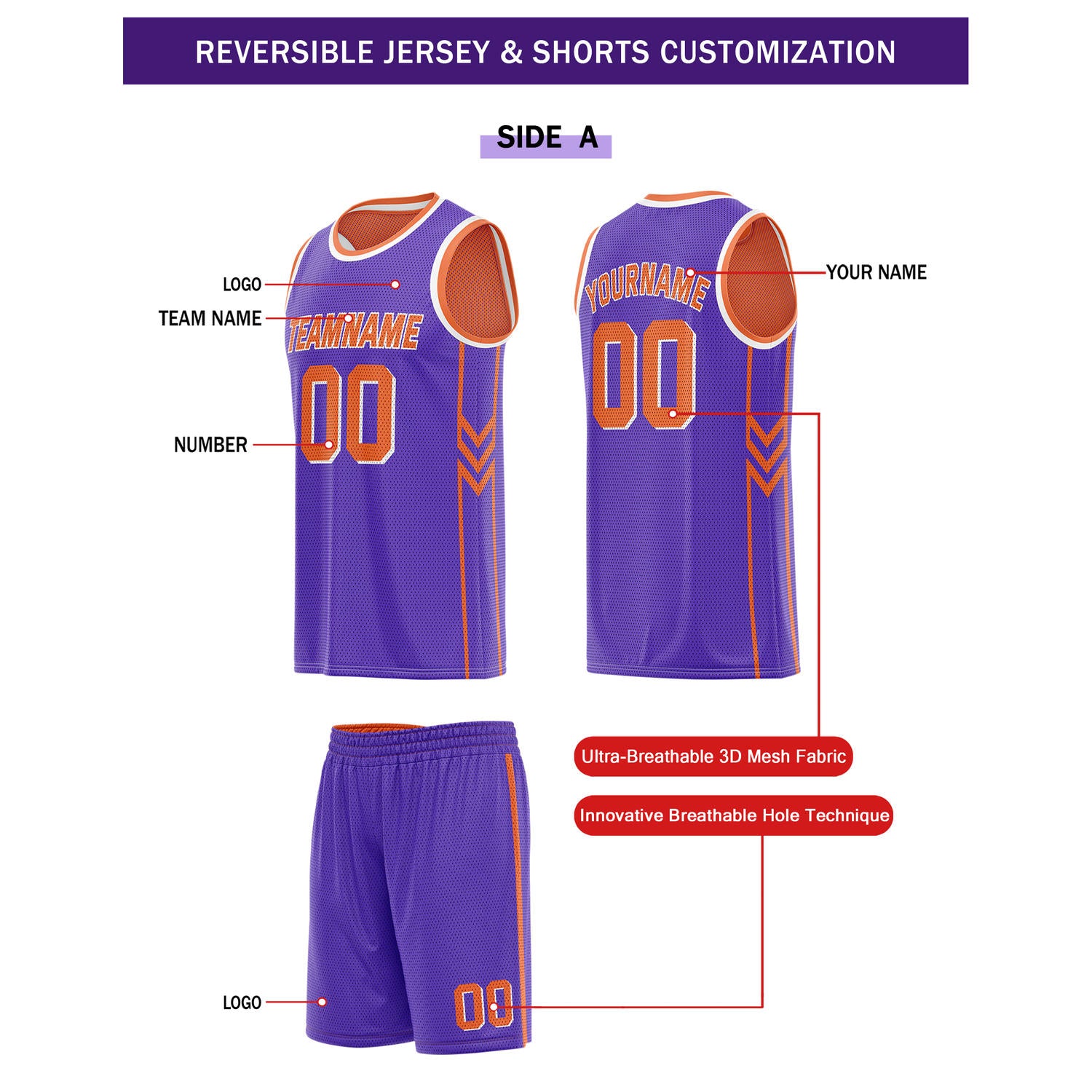 Custom Reversible Purple Orange Basketball Uniform Set | Team Name & Number - Vosoli