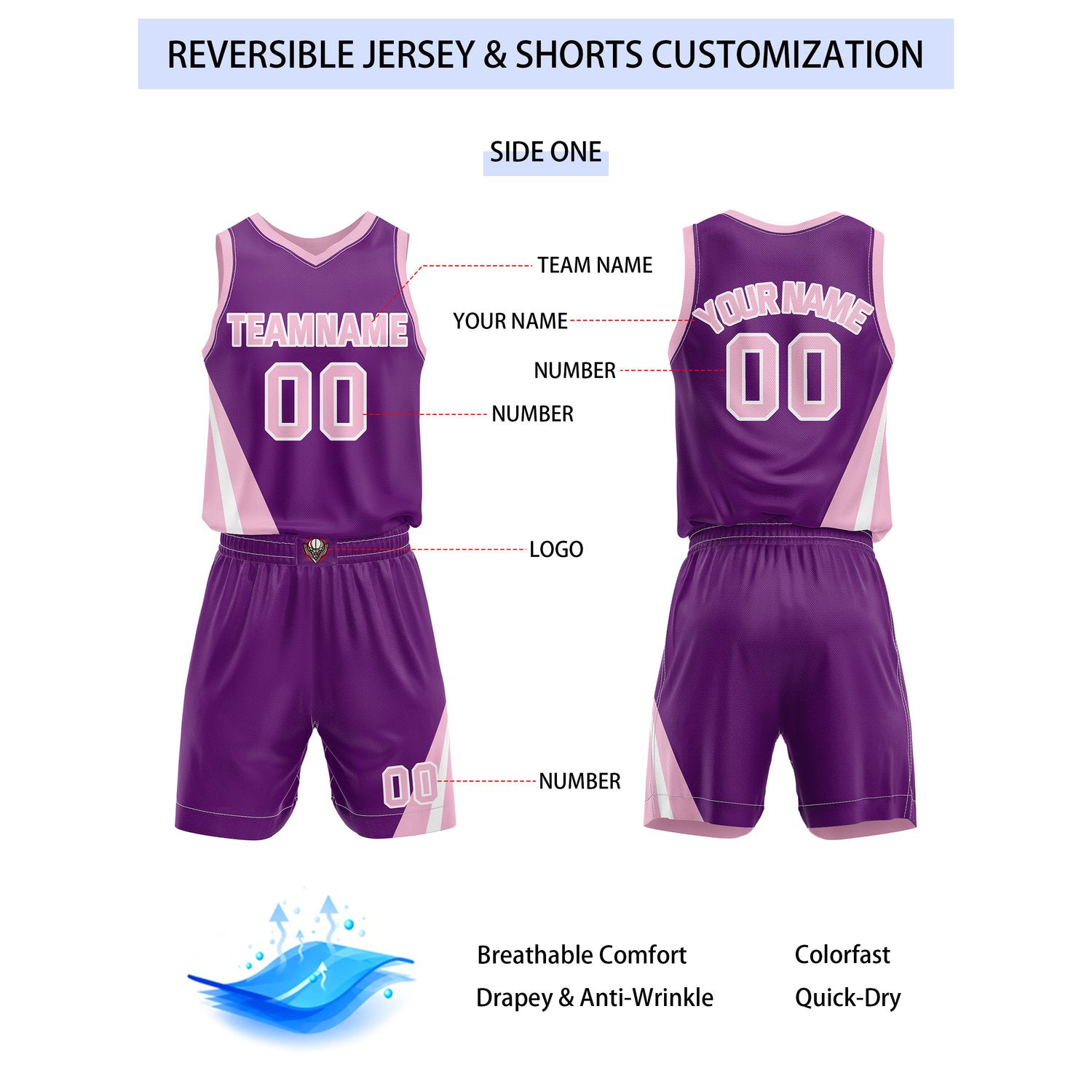 Custom Reversible Purple Pink Basketball Uniform Set | Team & Player Name - Vosoli