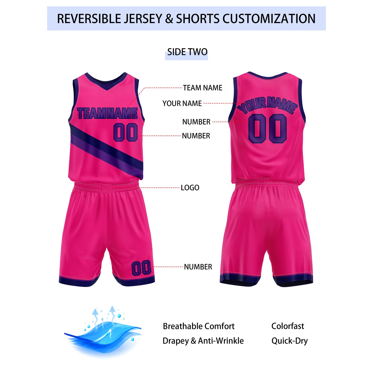Custom Reversible Purple Pink Basketball Uniform Set | Team & Player Name - Vosoli