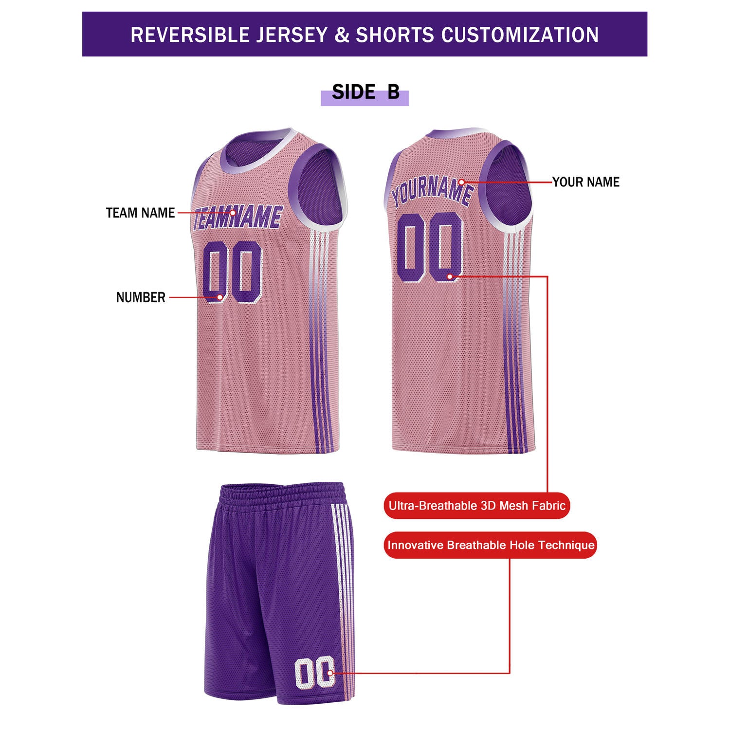 Custom Reversible Purple Pink Basketball Uniform Set | Team & Player Name - Vosoli