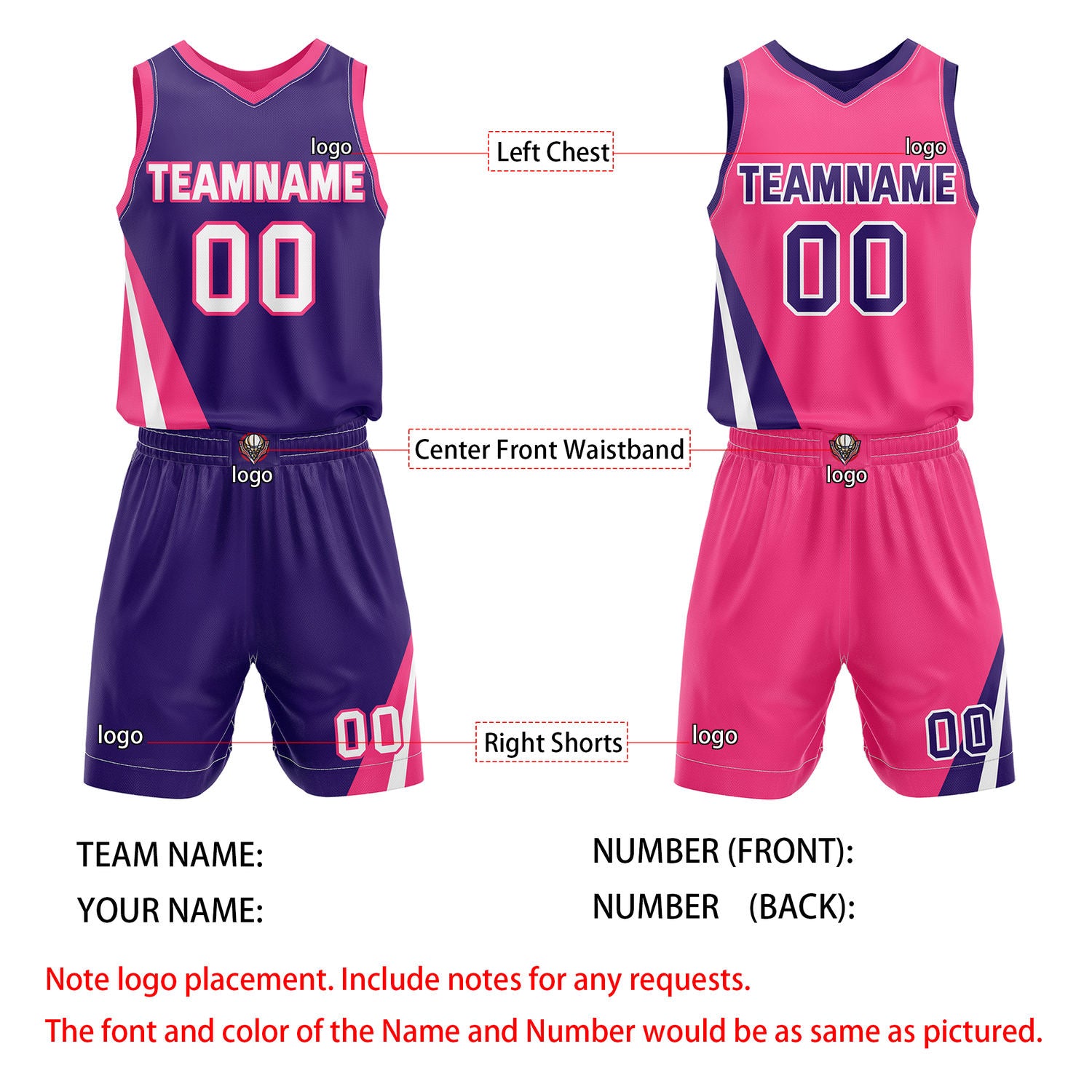 Custom Reversible Purple Pink Basketball Uniform Set | Team & Player Name - Vosoli