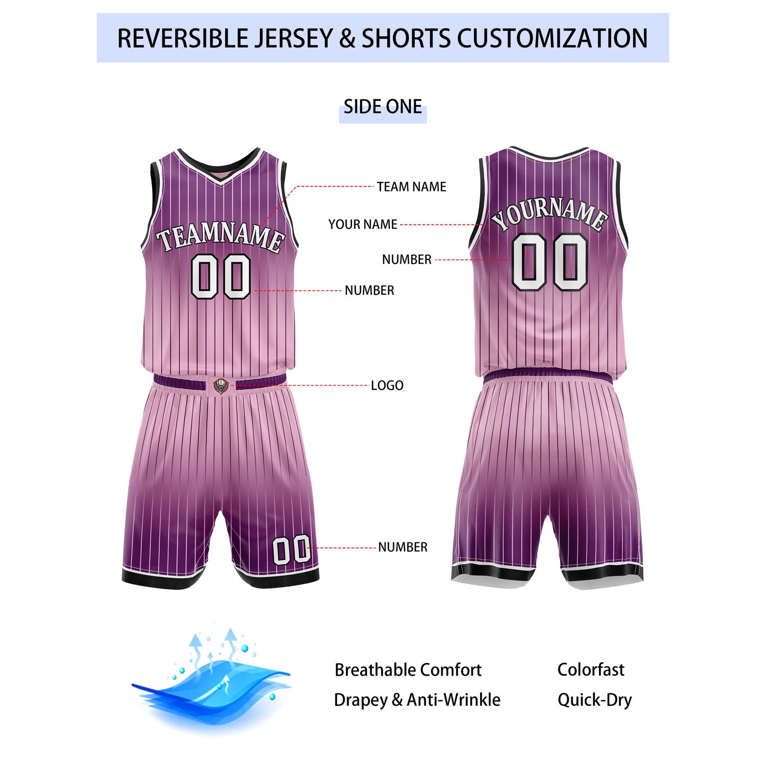 Custom Reversible Purple Pink Gradient Striped Basketball Uniform Set | Team & Player Name - Vosoli