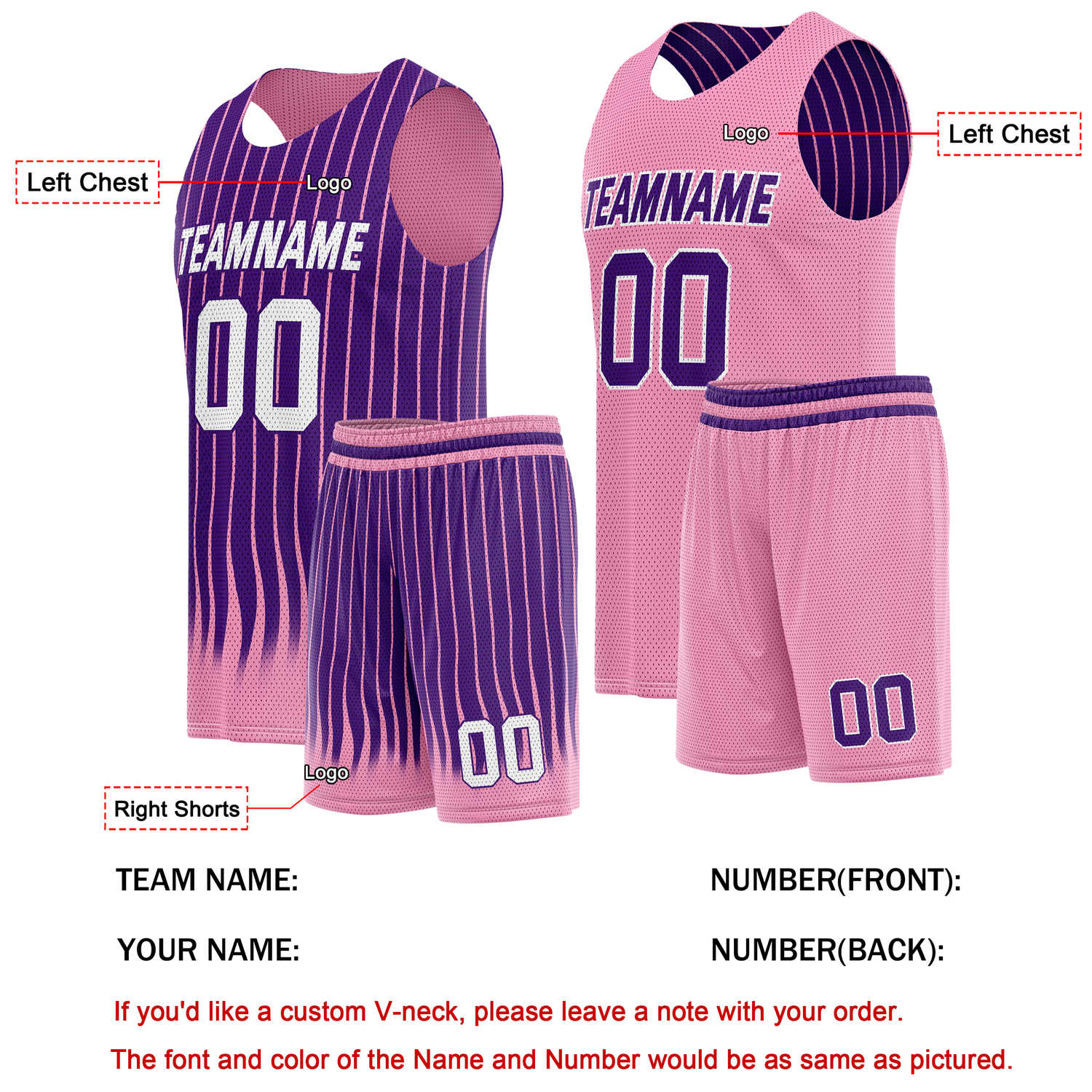 Custom Reversible Basketball Jersey + Shorts Set (Purple & Pink Stripe) - Personalized Team Name, Number & LOGO | Vosoli