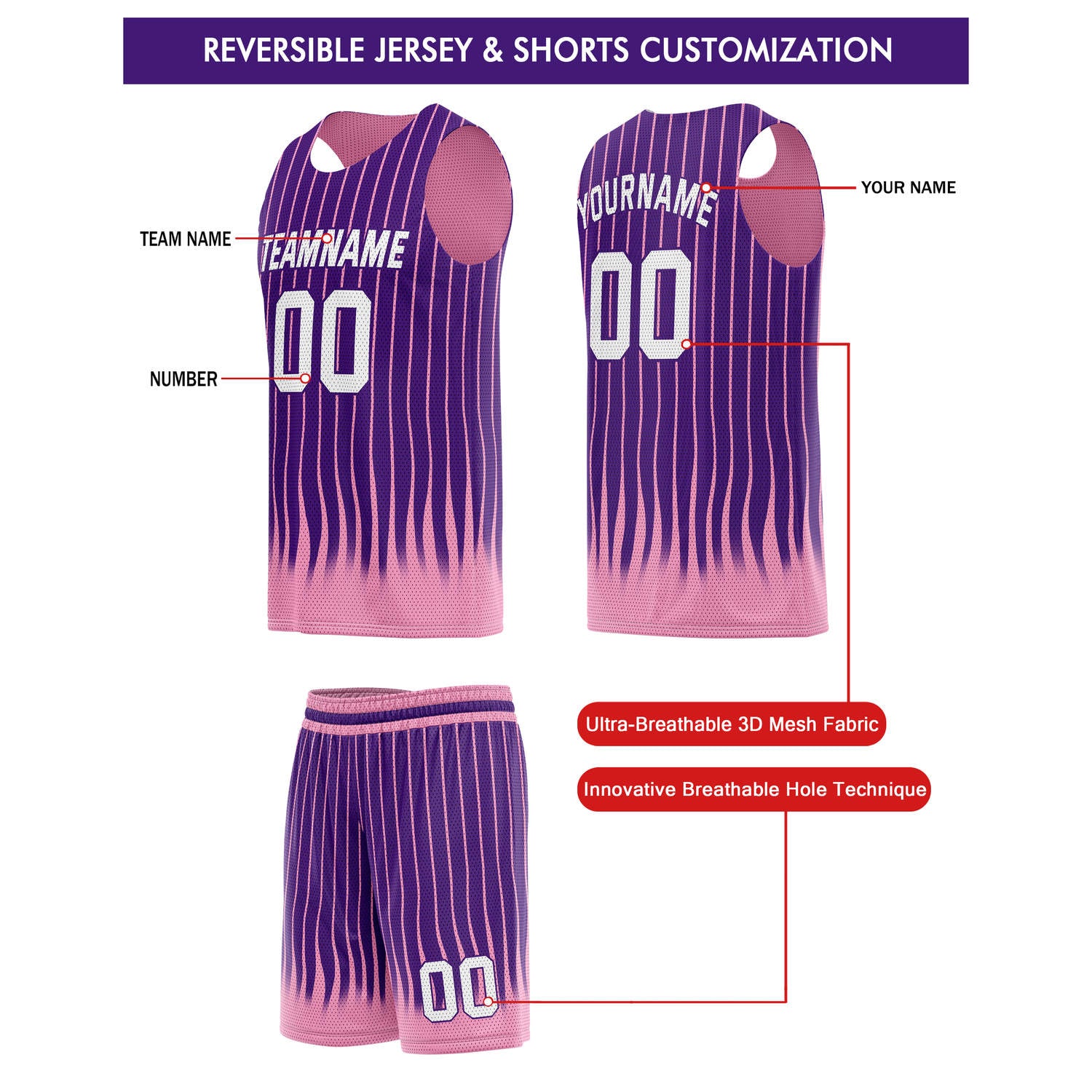 Custom Reversible Basketball Jersey + Shorts Set (Purple & Pink Stripe) - Personalized Team Name, Number & LOGO | Vosoli