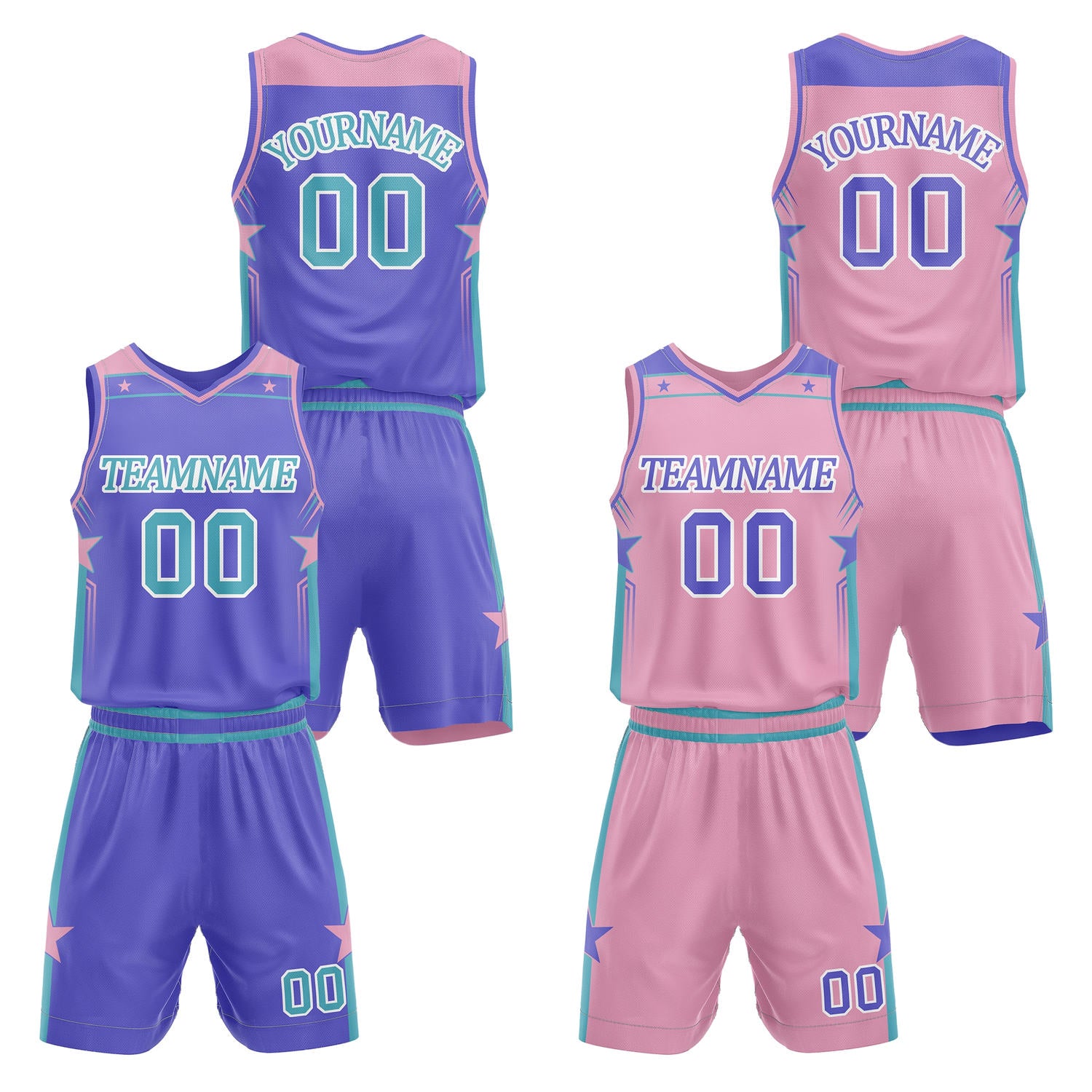 Custom reversible purple & pink basketball uniform set, personalized with team name number and logo, breathable mesh fabric for men women youth game practice - Vosoli