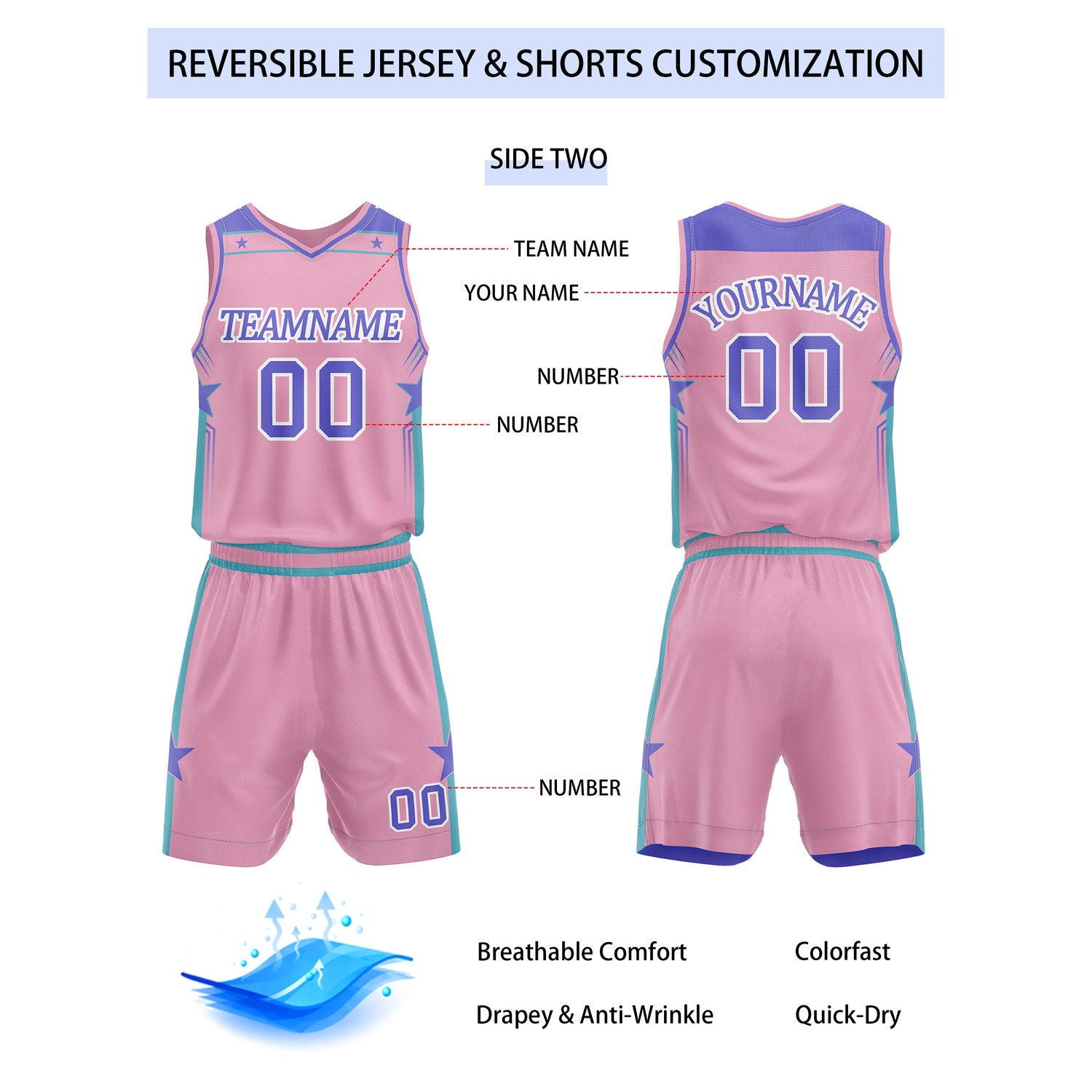 Custom Reversible Purple Pink Turquoise Star Basketball Uniform Set | Team Name & Number - Vosoli
