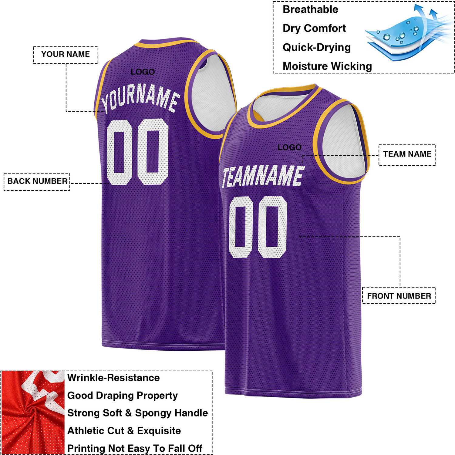 Custom Reversible Purple & White Accented Mesh Basketball Jersey | Personalized Team Jersey | Vosoli