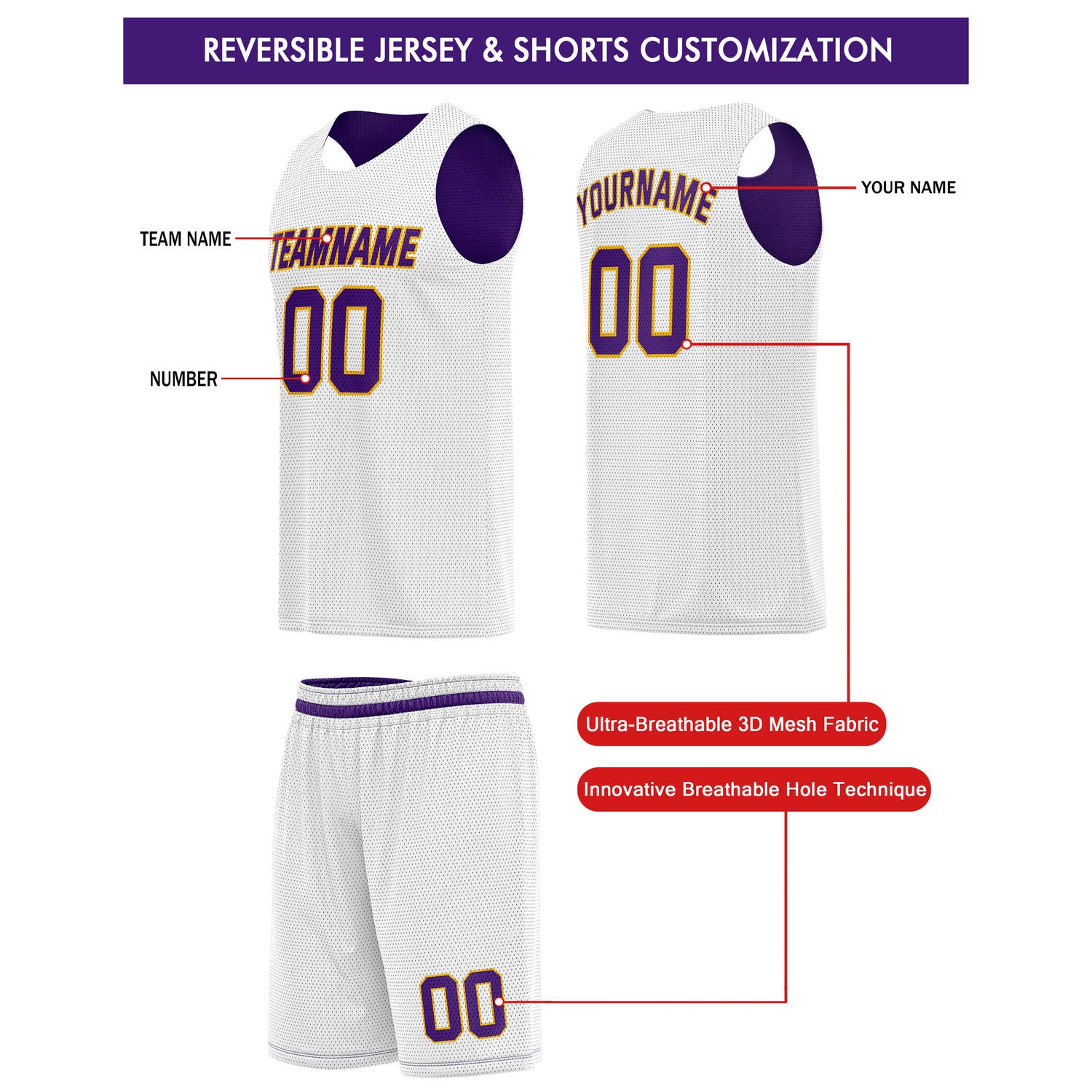 Custom Reversible Purple White Basketball Jersey & Shorts Set | Personalized Team Kit | Vosoli
