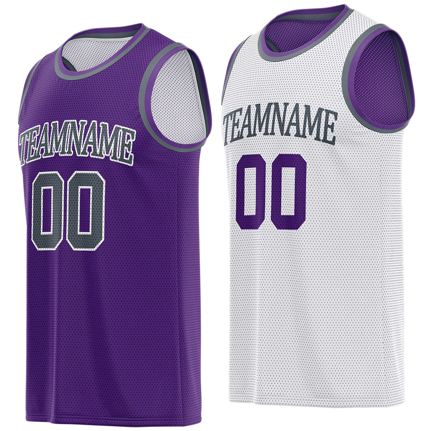 Custom reversible purple & white basketball jersey, personalized team name number logo breathable mesh sports top for men women youth game practice - Vosoli