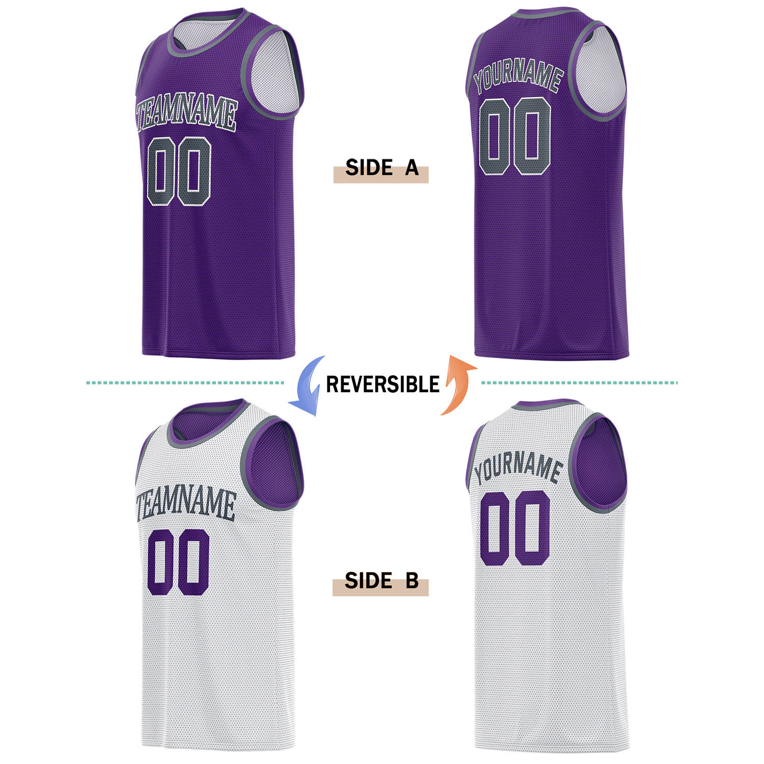 Custom Reversible Purple & White Basketball Jersey | Personalized for Team Sports - Vosoli