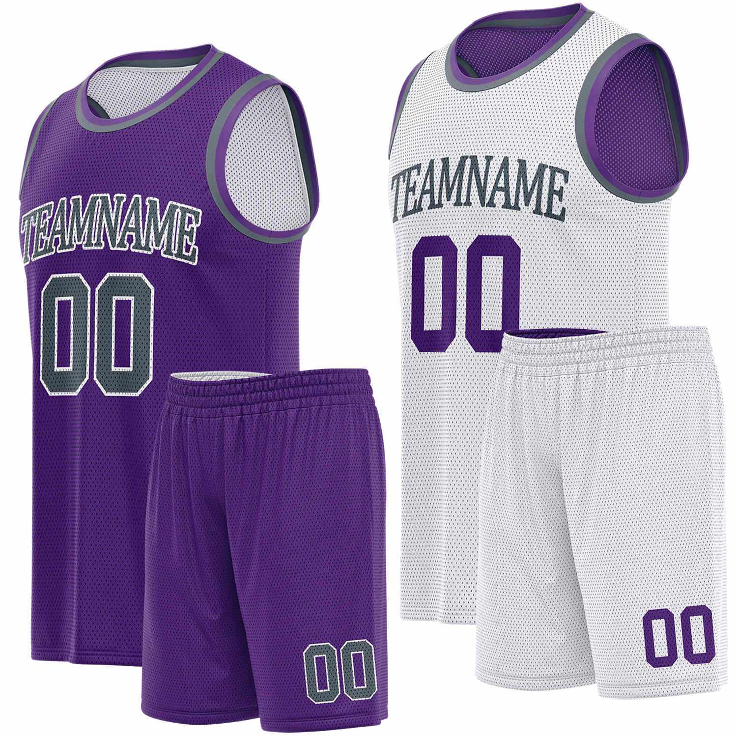 Custom reversible purple & white basketball uniform set, personalized team name number logo breathable mesh sports jersey and shorts for men women youth game practice - Vosoli