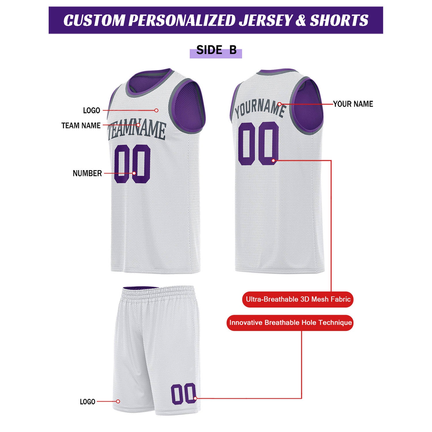Custom Reversible Purple & White Basketball Uniform Set | Personalized for Team Sports Practice - Vosoli