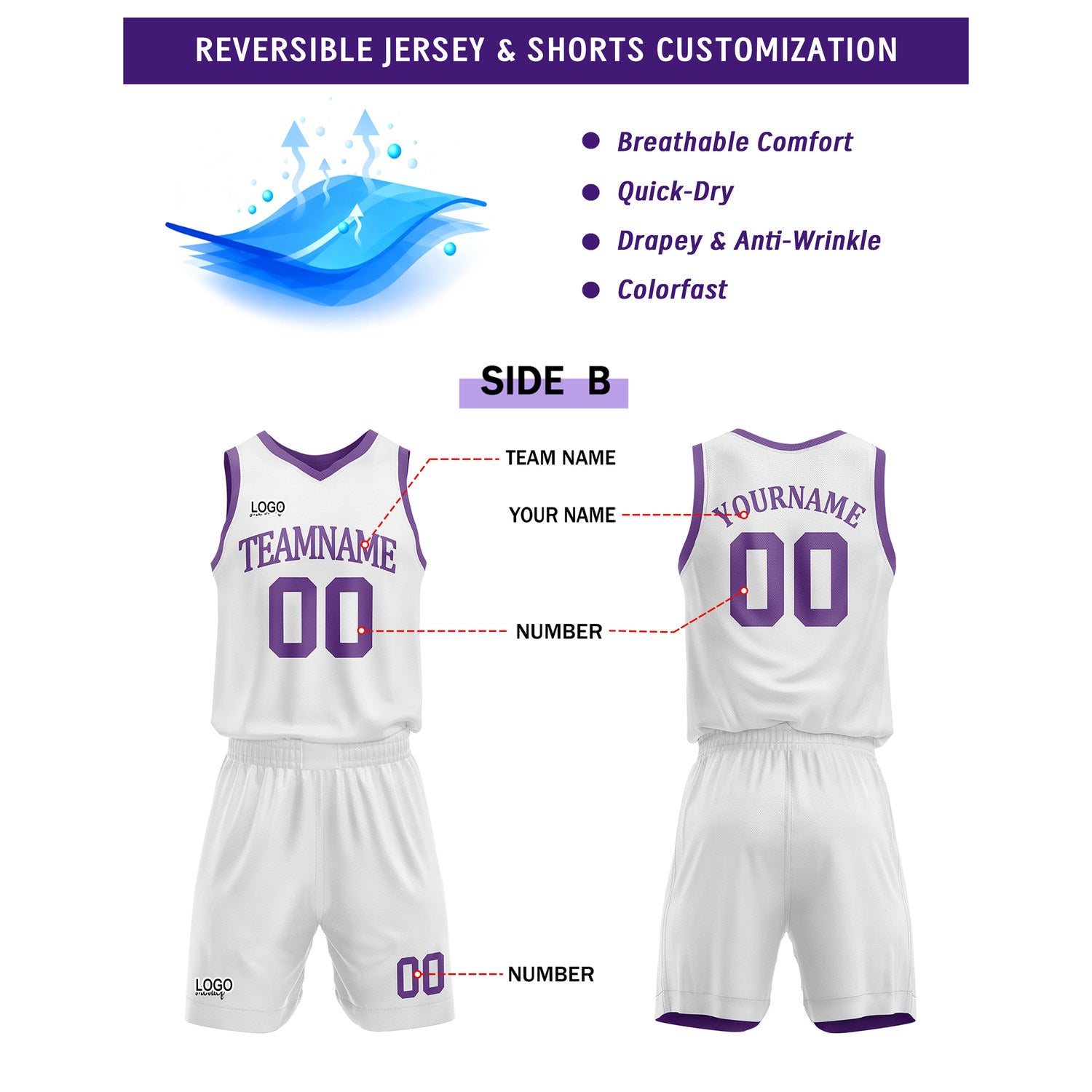 Custom Reversible Purple White Basketball Uniform Set | Team Name & Number - Vosoli